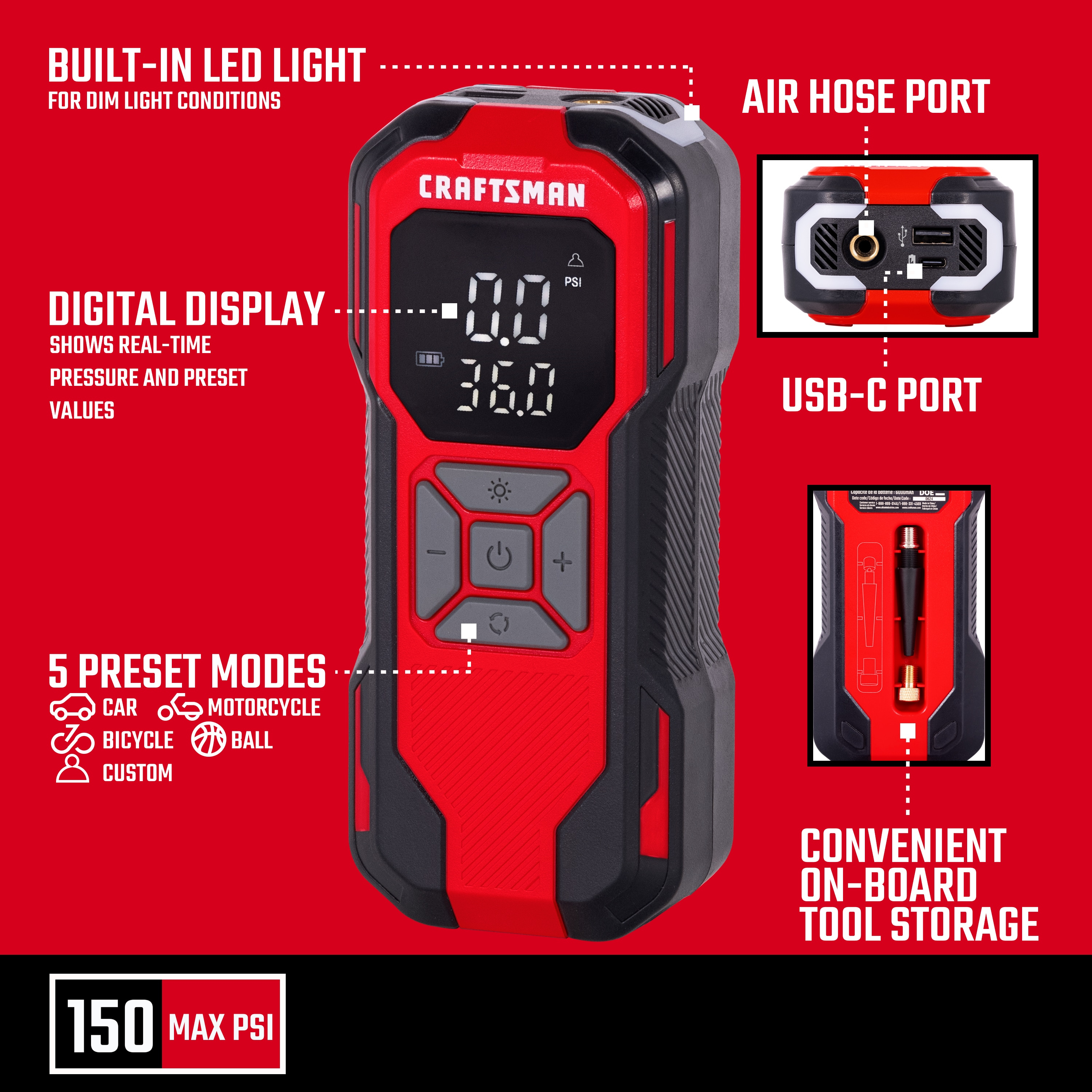 CRAFTSMAN Tire Inflator Portable Air Compressor, Cordless Mini Air Pump for Car Tires with Digital Tire Pressure Gauge, 6000mAh Battery Powered Air Pump, Max Pressure 150 PSI, 12V DC Corded