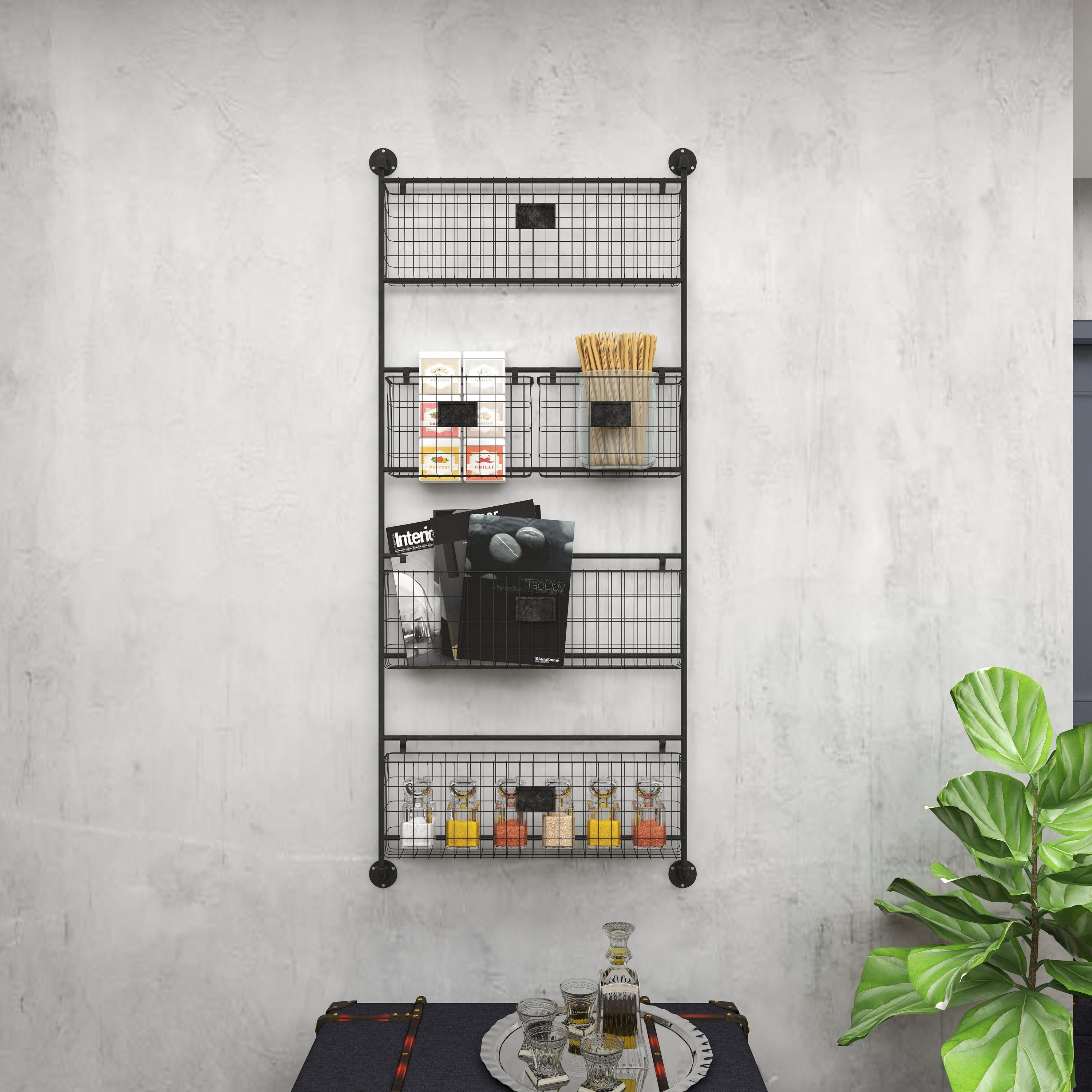 DecMode 4-Tier Industrial Wall Organizer Basket and Magazine Rack Holder, 27"W x 5"L x 61"H, Black Metal with Rustic Distressed Finish
