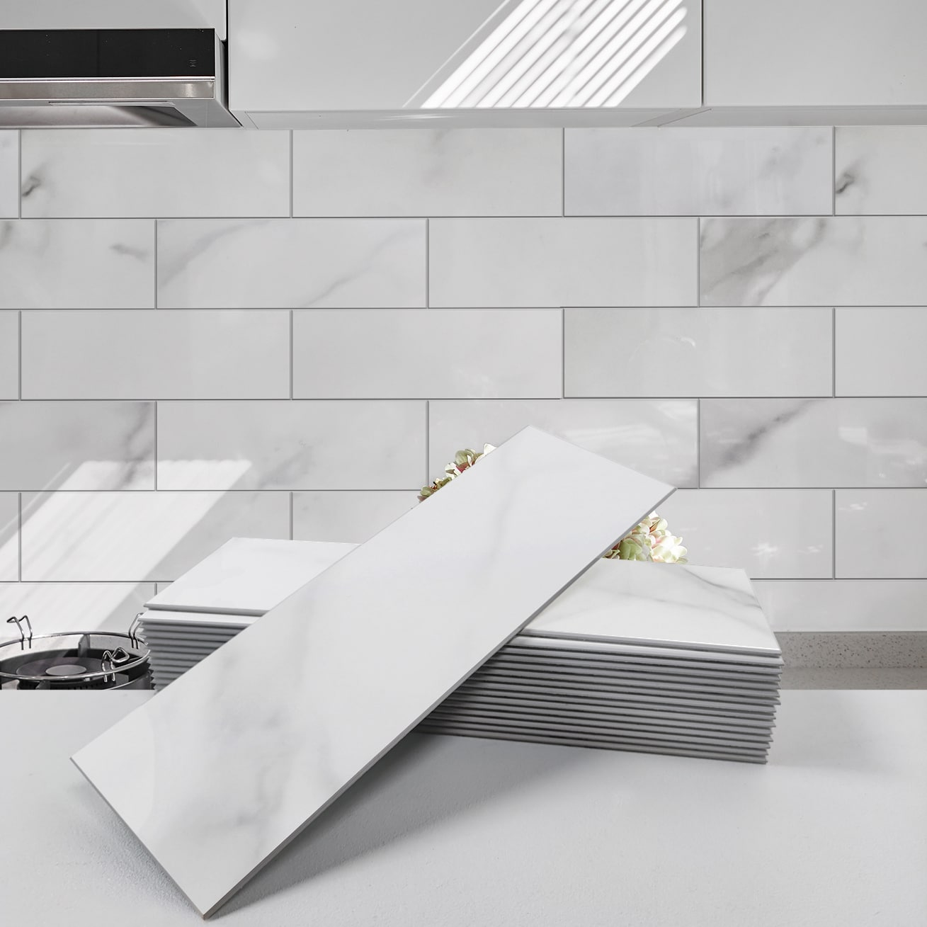 Avant Decor | 24 Stone Composite Subway Texture Tiles | Peel and Stick Kitchen Backsplash | 4" x 12" | Bex Metro Glossy Alpine | 8 sqft