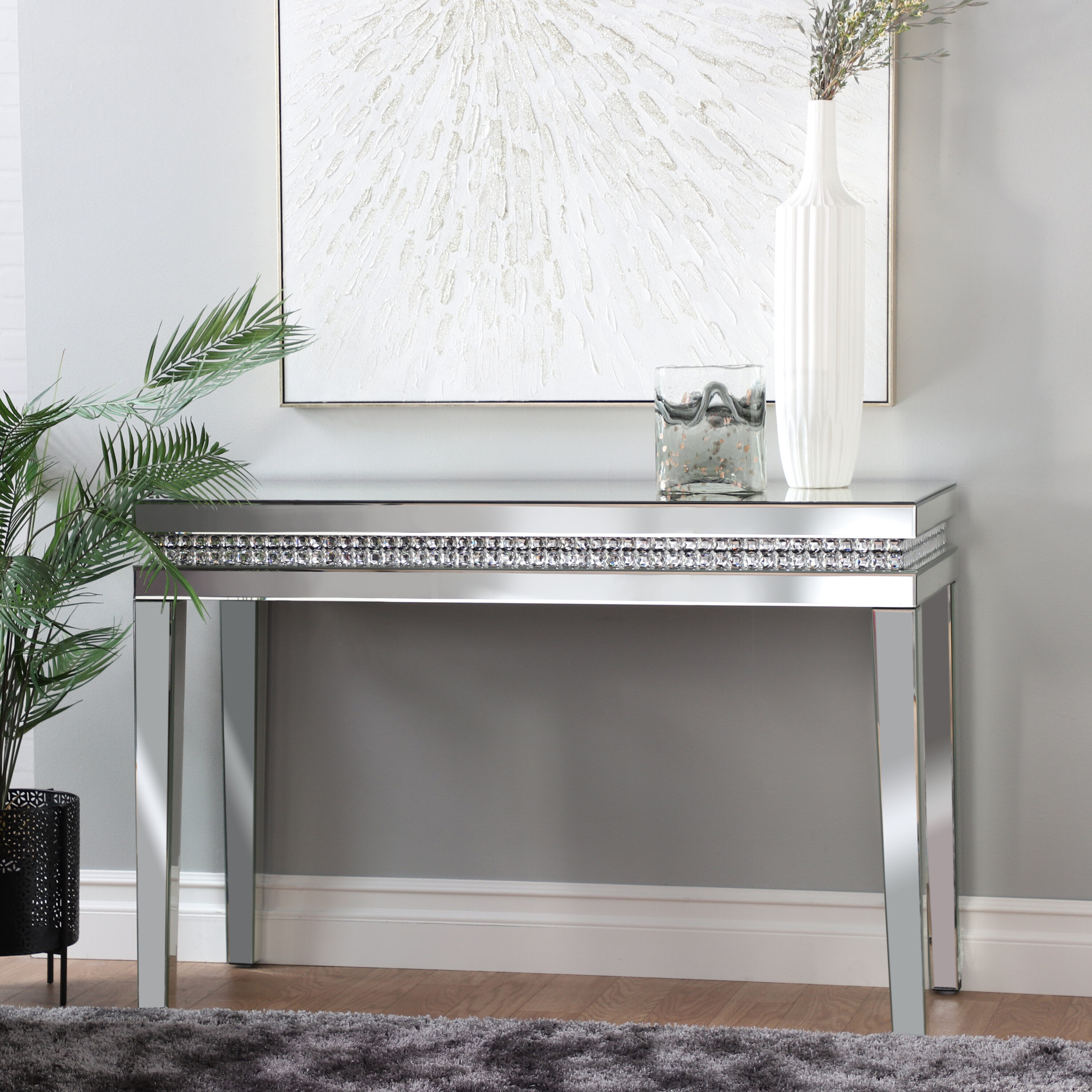 DecMode 47" x 32" Silver Glass Mirrored Console Table, 1-Piece