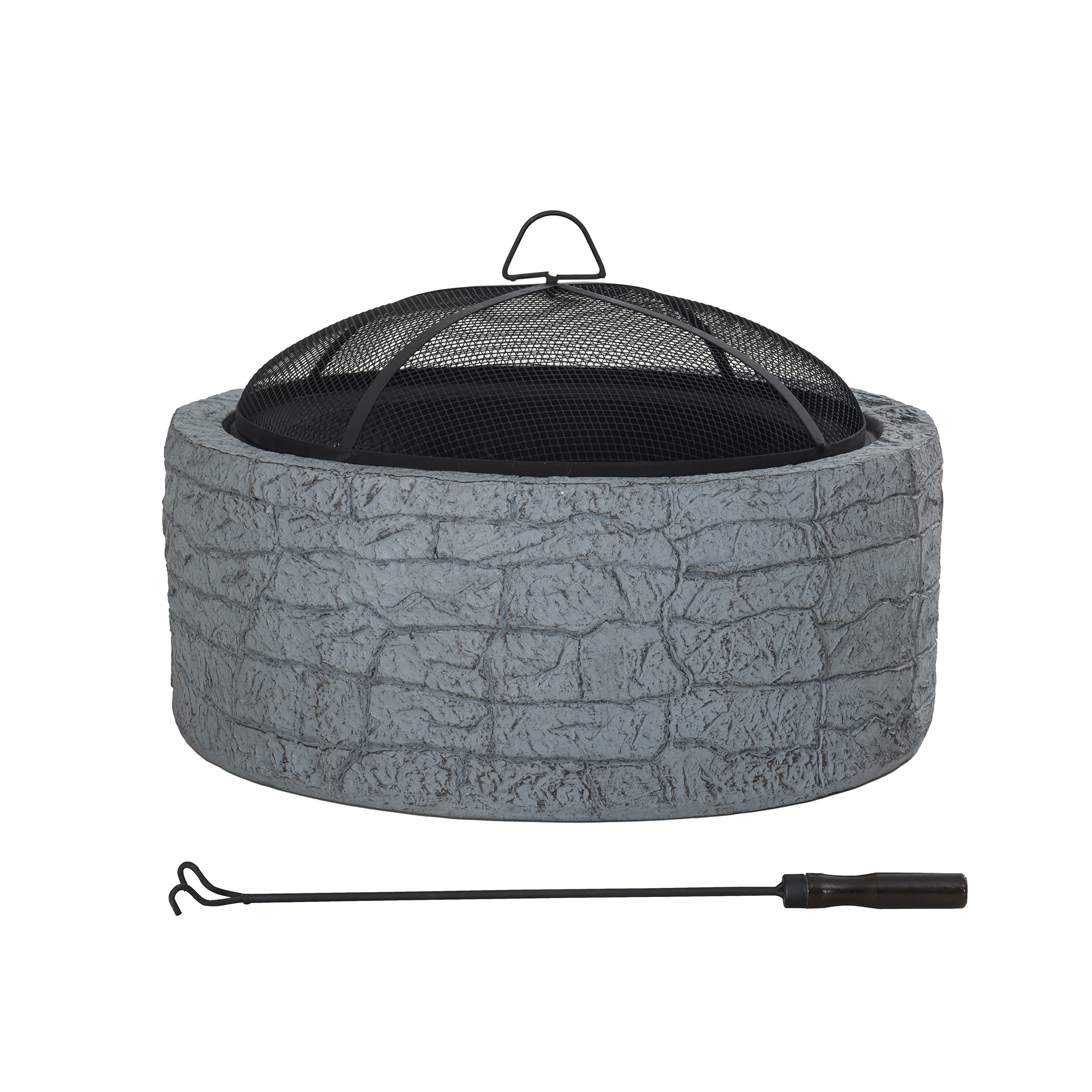 Sunjoy Stone Fire Pit 26 Inch, Outdoor Round Wood Burning Fire Pits with Spark Screen and Poker  Grey
