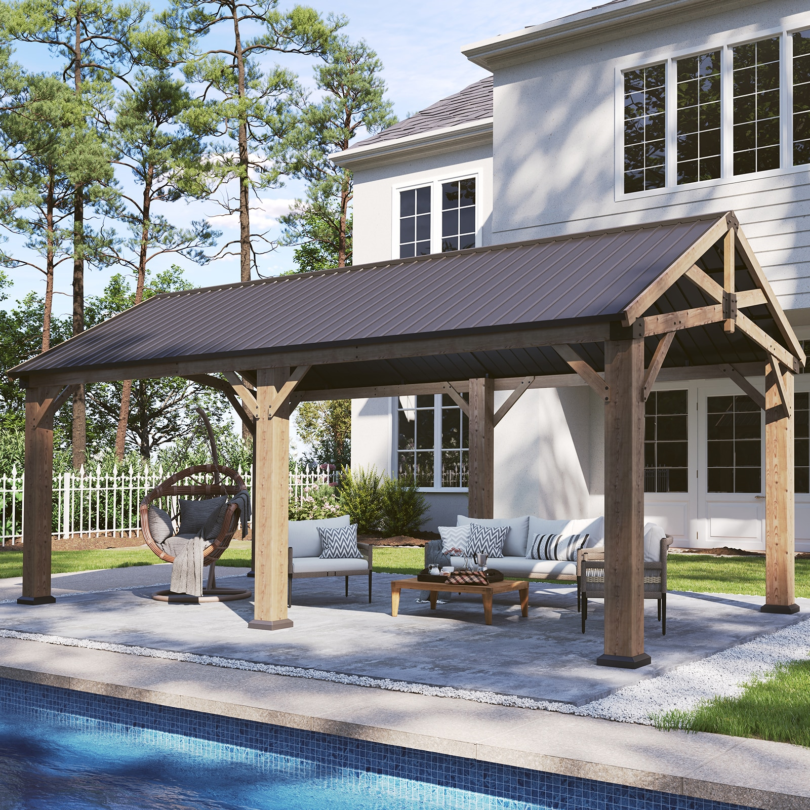 Aoxun 12' x 20' Outdoor Wood Gazebo, Hardtop Gazebo Permanent Wooden Pavilion with Galvanized Steel Gable Roof, for Patio, Garden, Deck, Cedar Wood