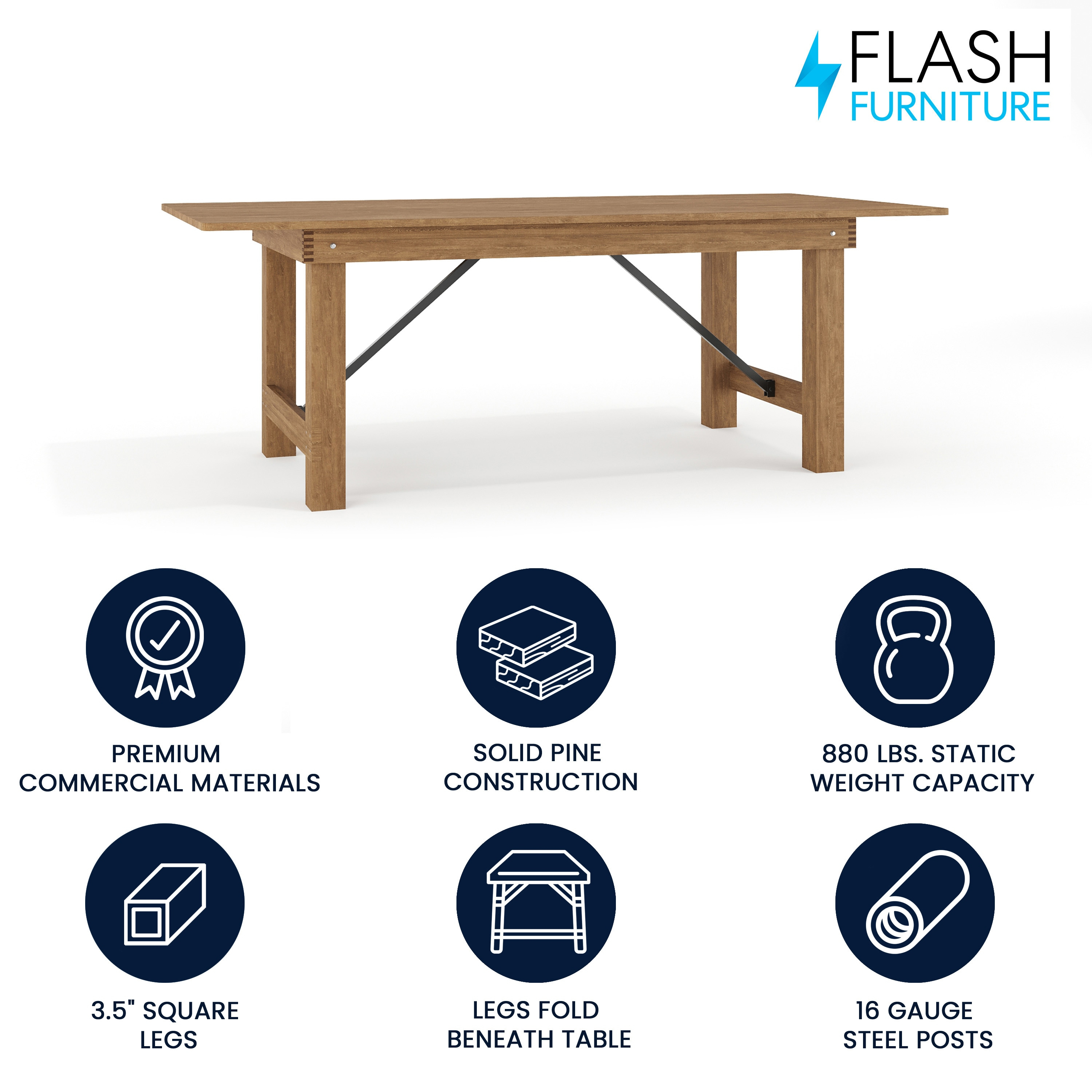 Flash Furniture Hercules Series 7' x 40" Rectangular Rustic Solid Pine Folding Dining Table