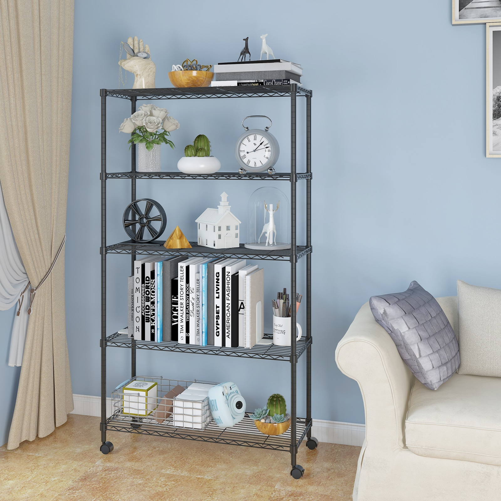Ktaxon Black 5 Tier Rolling Steel Shelving Unit Wire Shelves Garage Shelving Storage Racks,On wheels