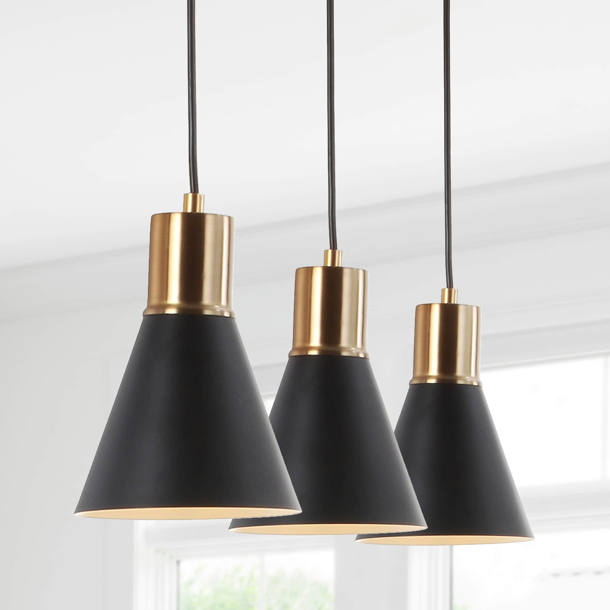 Apollo 33.5" 3-Light Mid-Century Modern Iron Adjustable Linear LED Pendant, Black/Brass Gold