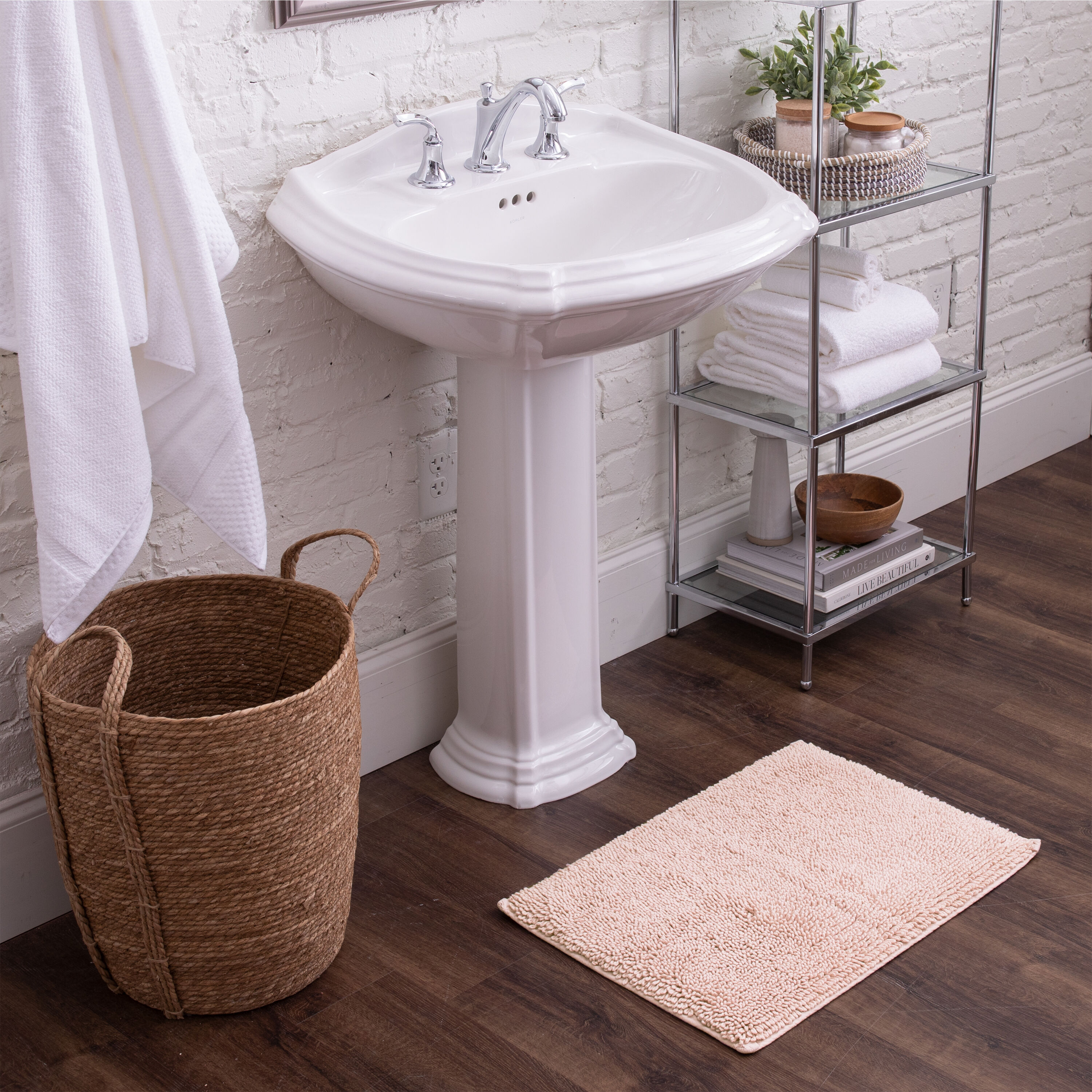 Blush Cotton Bath Rug with Latex Backing, 45" x 27"
