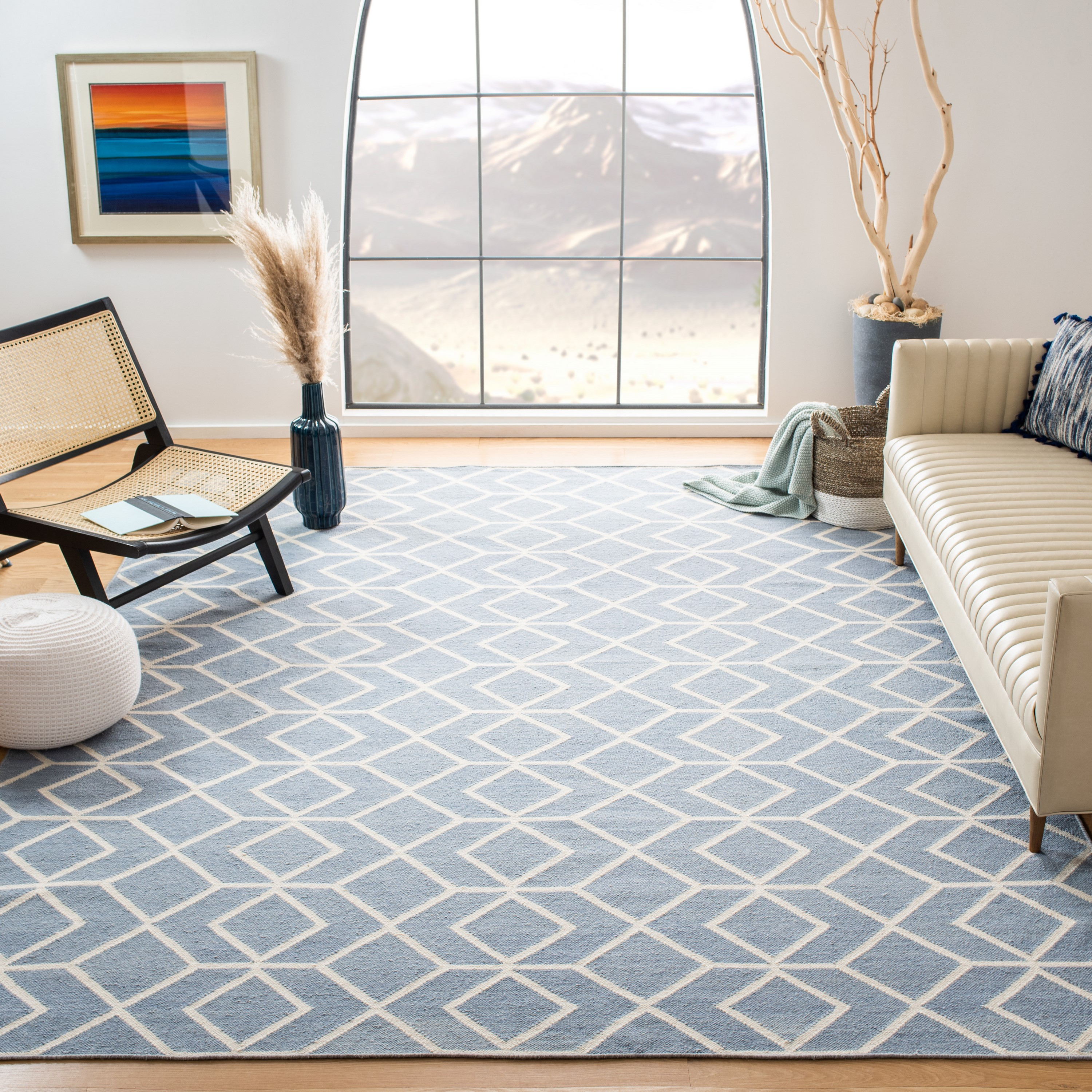 SAFAVIEH Dhurrie Addison Geometric Moroccan Wool Area Rug, Blue/Ivory, 8' x 10'
