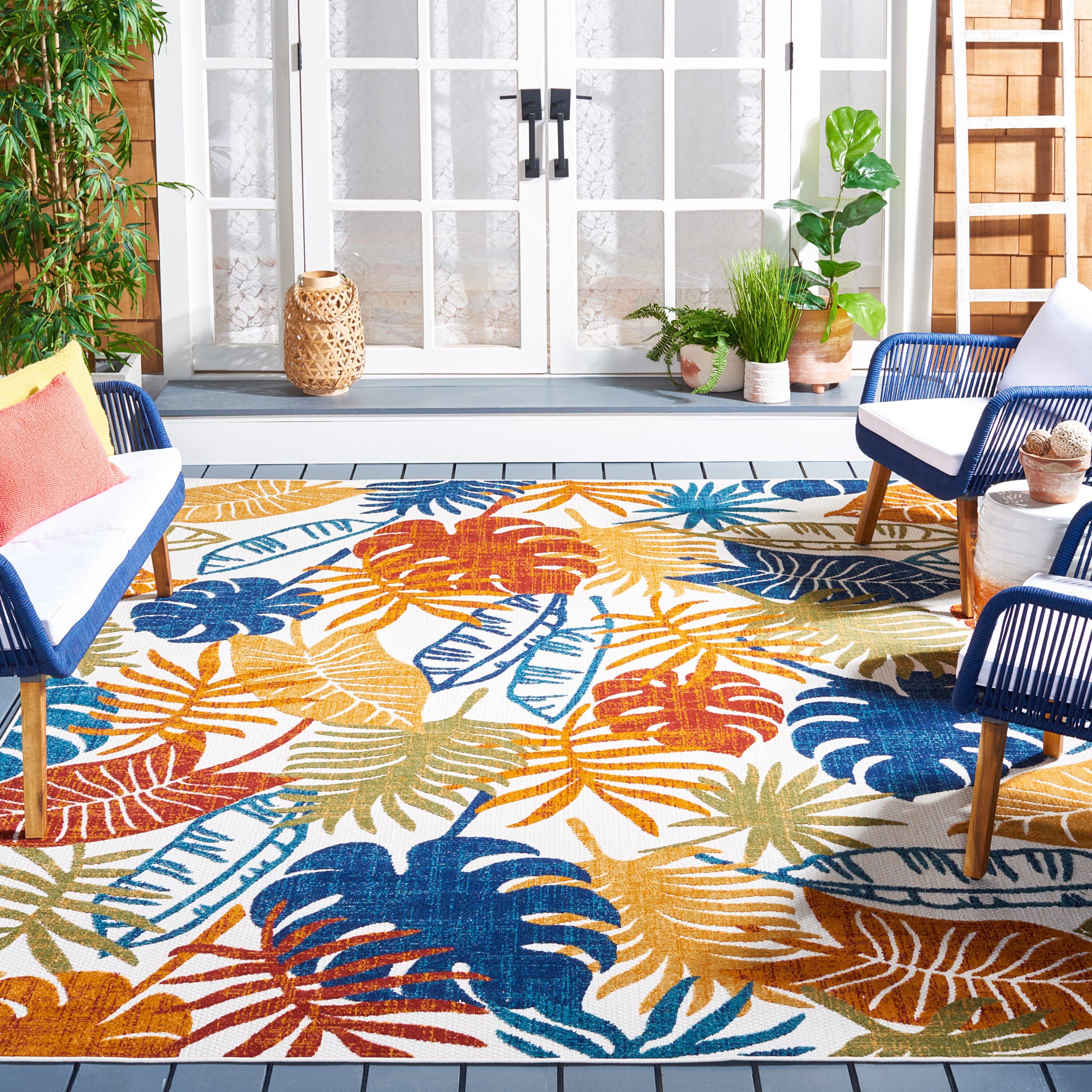 SAFAVIEH Cabana Kuzman Botanical Indoor/Outdoor Area Rug, Creme/Red, 6'7" x 6'7" Square