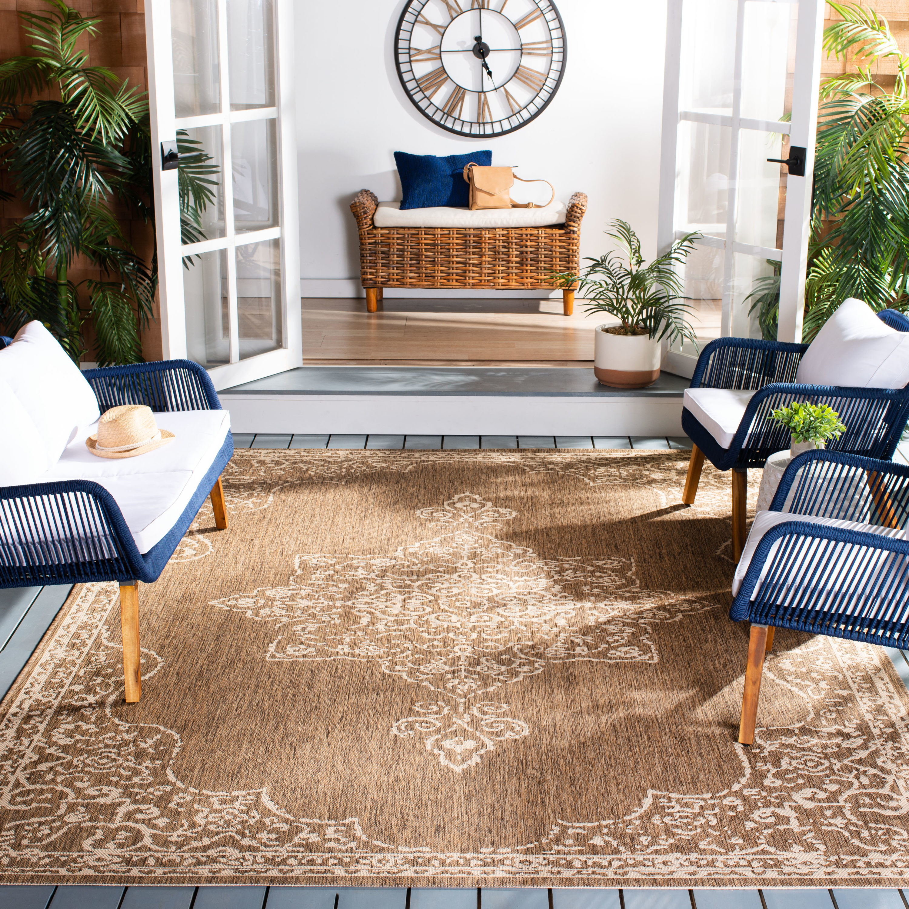 SAFAVIEH Beach House Harding Traditional Indoor/Outdoor Area Rug Cream/Beige, 6'7" x 6'7" Square
