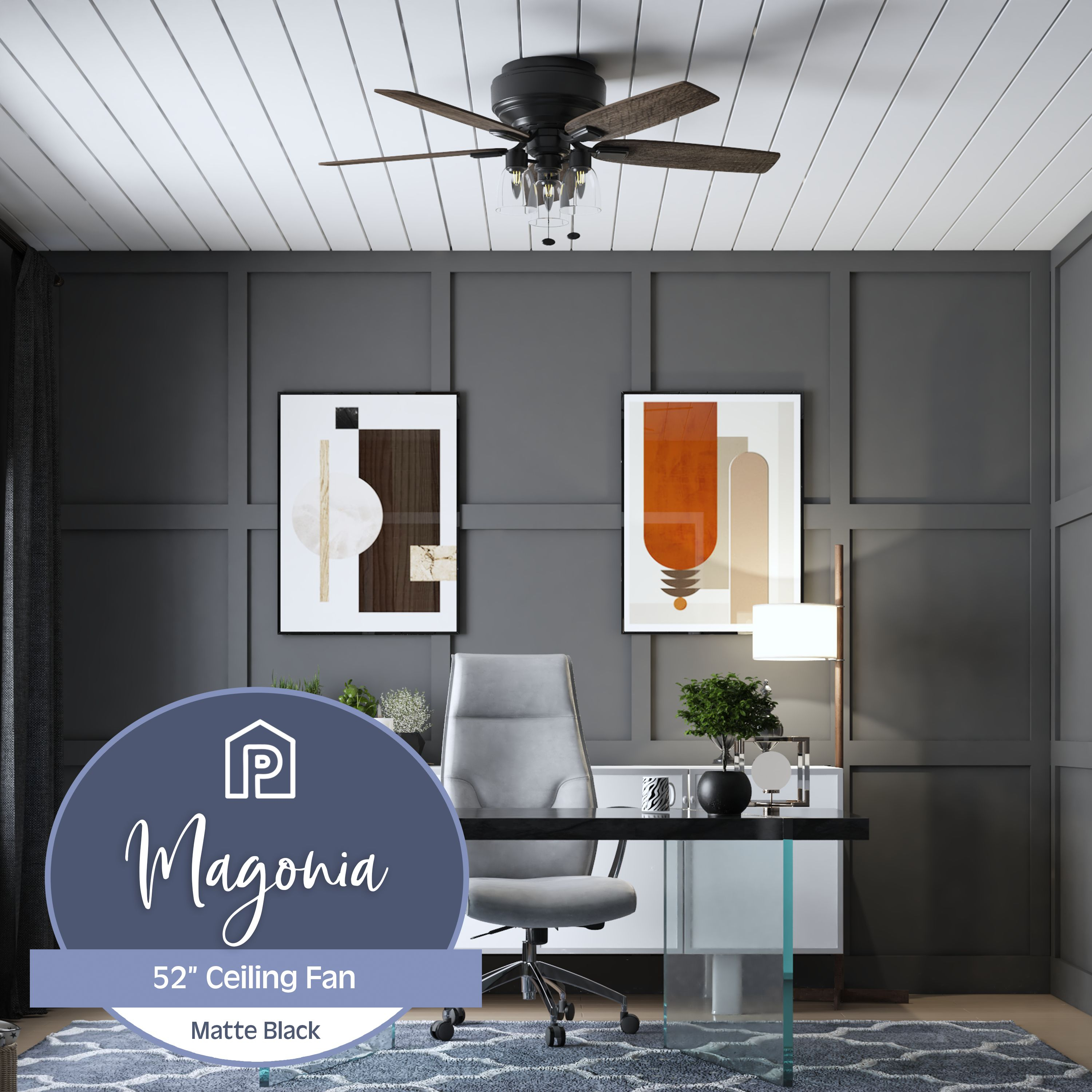 Prominence Home Magonia, 52 inch Farmhouse Style, Flush Mount LED Ceiling Fan with Light, Dimmable, Pull Chain, Dual Finish Blades, Reversible Motor - 51670-01 (Matte Black)