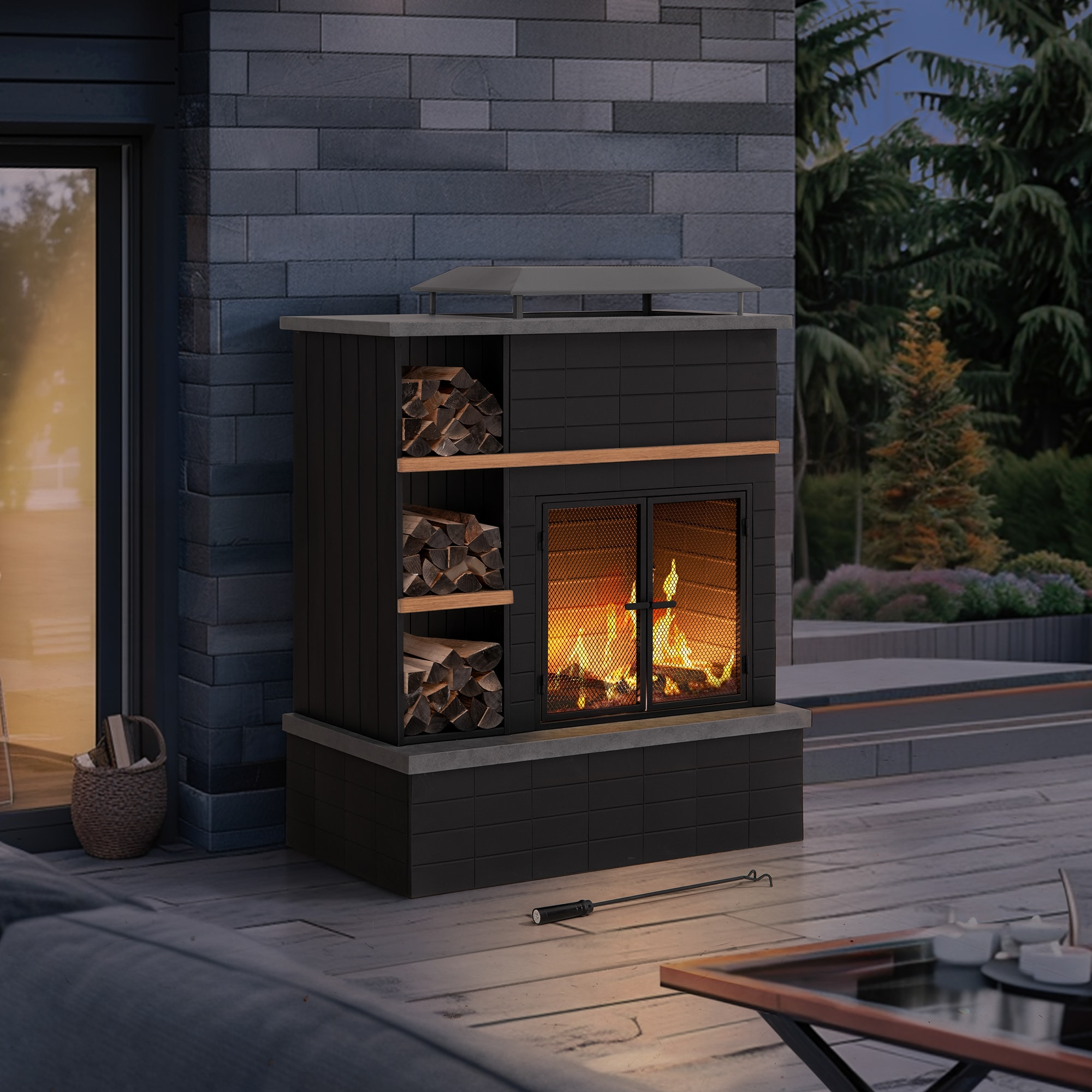 SUNJOY 42 in. Wood Burning Fireplace, Steel Outdoor Fireplace with Chimney, Log Holders, Fire Poker and PVC Cover