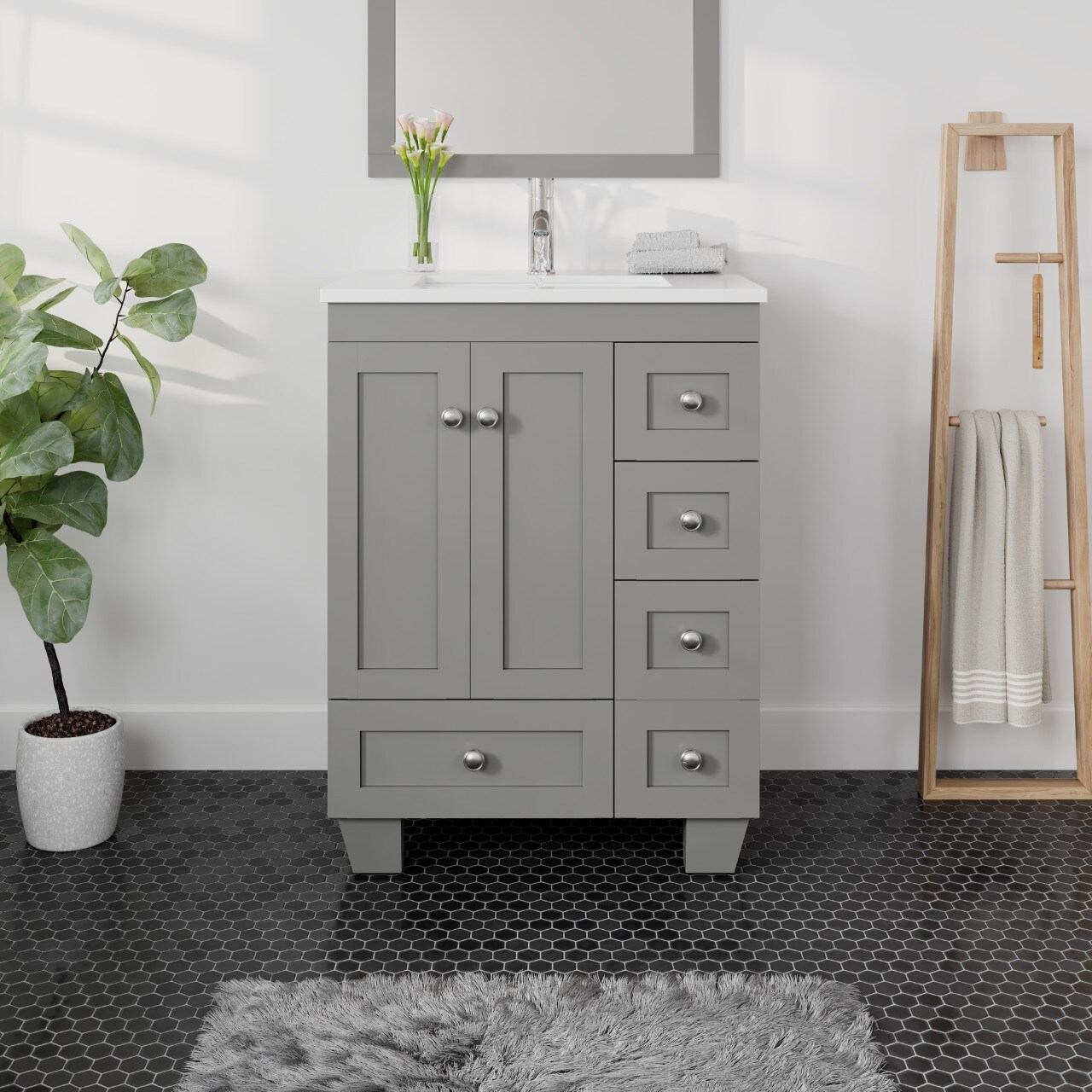 Eviva Acclaim 24" Gray Transitional Bathroom Vanity w/ White Quartz Top