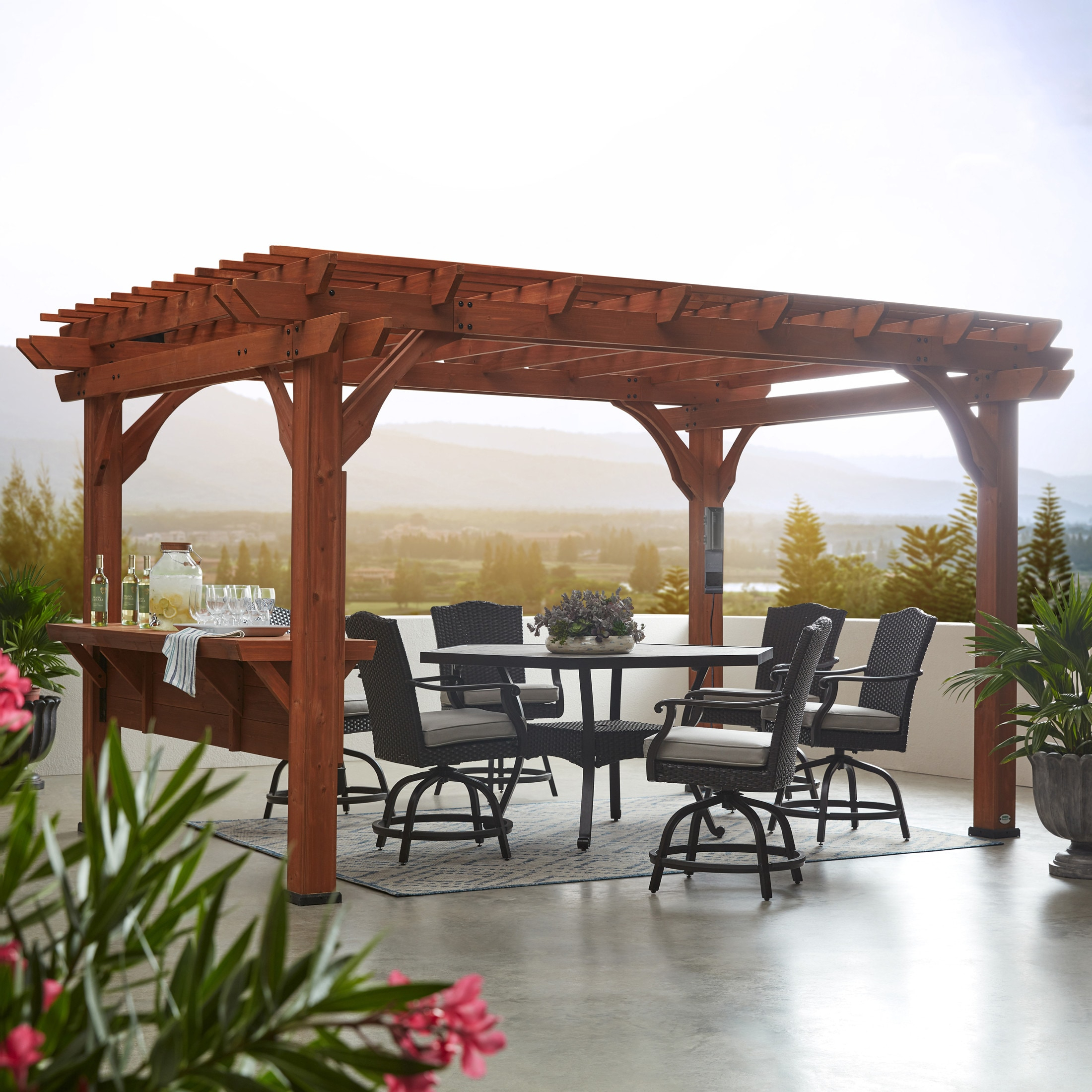 Ashland 14 ft x 10 ft Brown Cedar Wood Outdoor Pergola with Bar