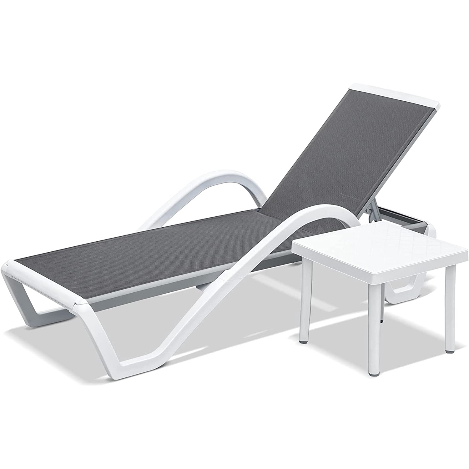 CoSoTower Patio Tumbona Sillones de Piscina de Aluminio Ajustables con Brazo Sillas de Piscina para Todo Clima para Exterior, Piscina, Césped (Gris, 1 Sillón+1 Mesa de Plástico)