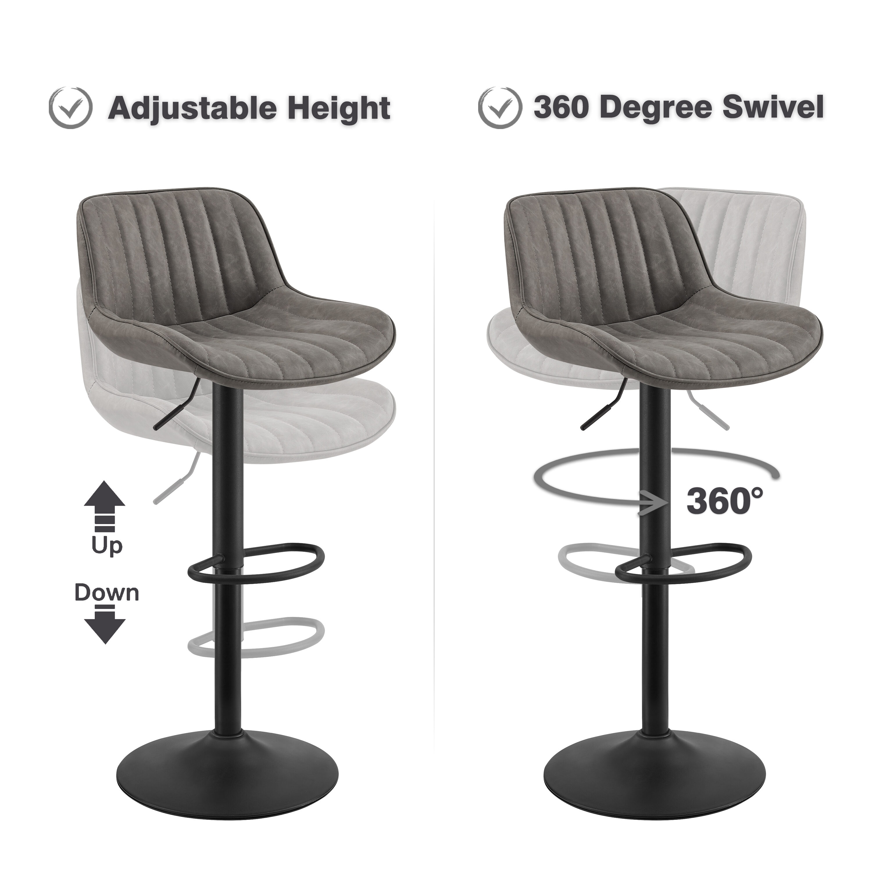 Art Leon Rustic Bar Stools Set of 2, Faux Leather with Backrest Chrome Legs, Upholstered Swivel Kitchen Stools, Gray