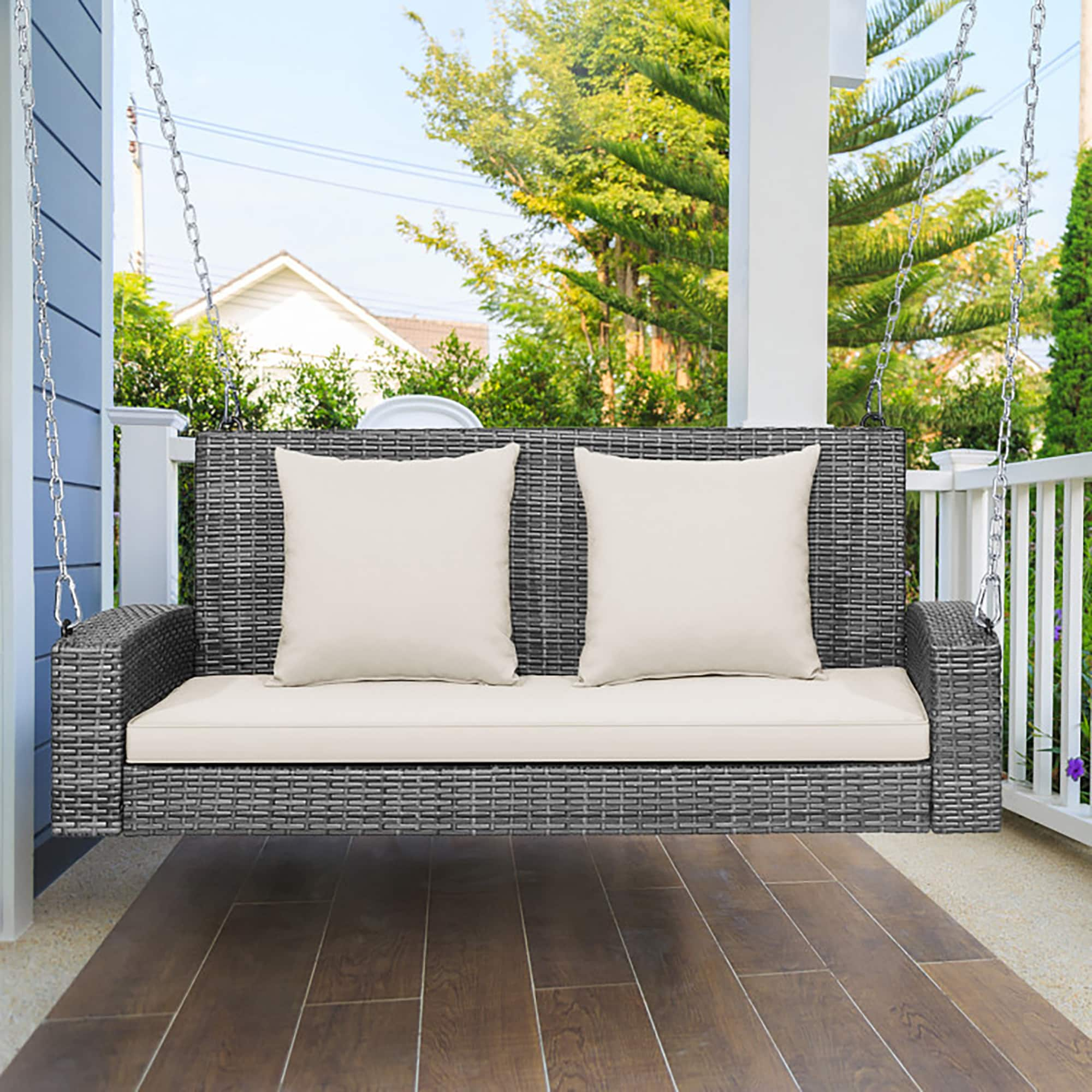 Kadyn Patio Swing Chair, Outdoor Swing Bench,2-Person Patio PE Wicker Hanging Porch Swing Bench Chair Cushion 800 Pounds-White