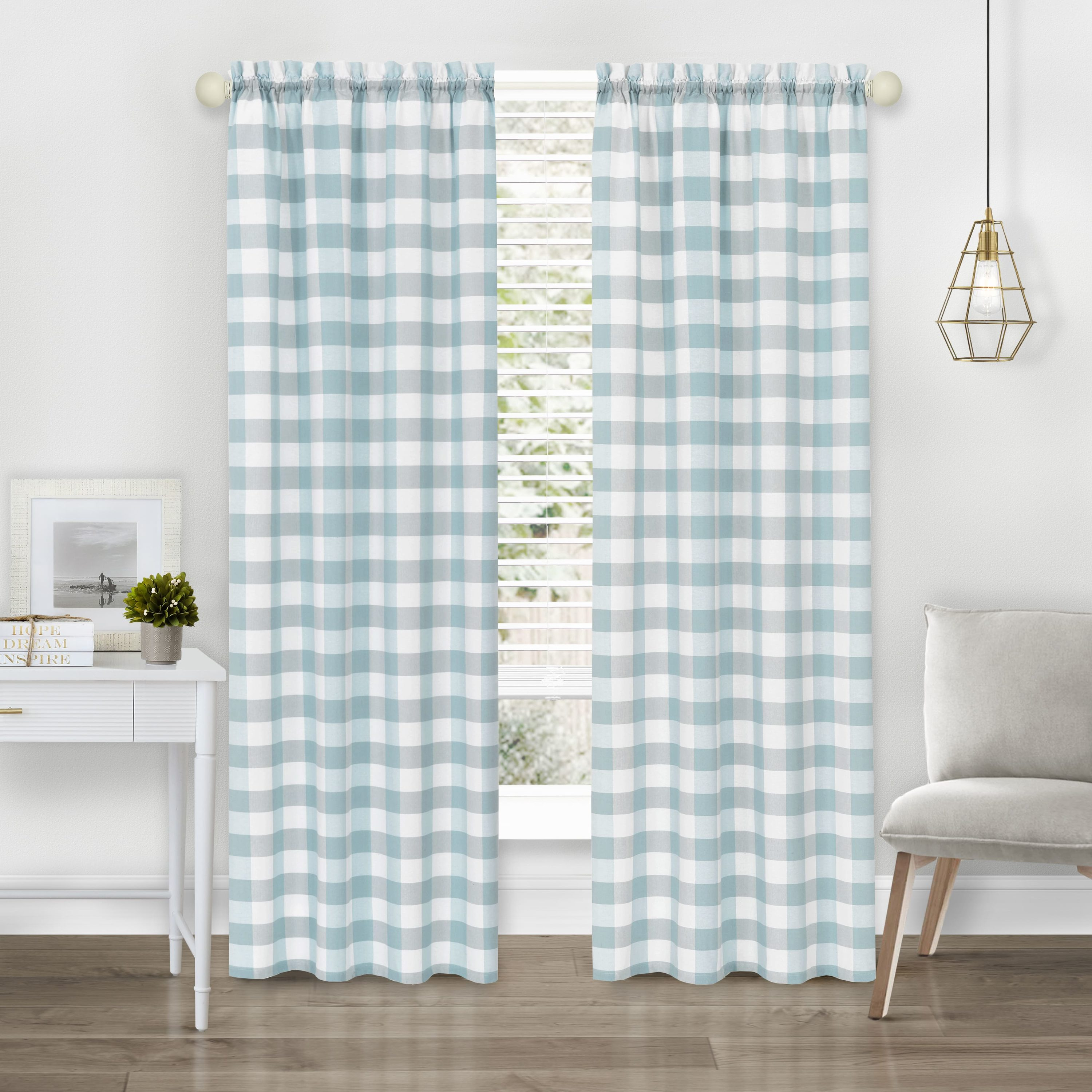 Achim Hunter Indoor Polyester/Cotton Light Filtering Checkered Curtain Panel, Ice Blue, 42-in W x 84-in L