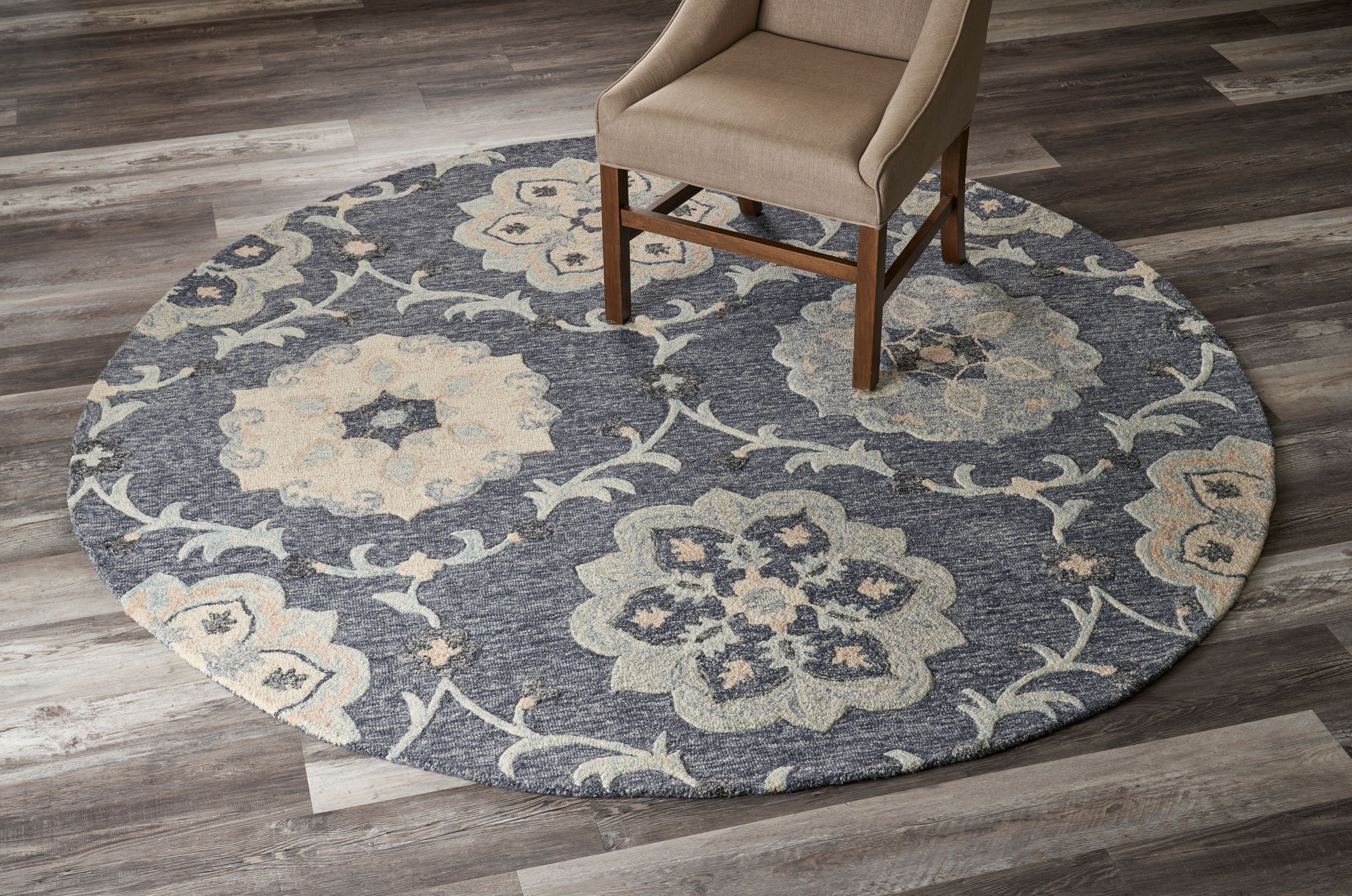 LR Home Aiden 4'10" Round Blue and Gray Floral Wool Indoor Area Rug