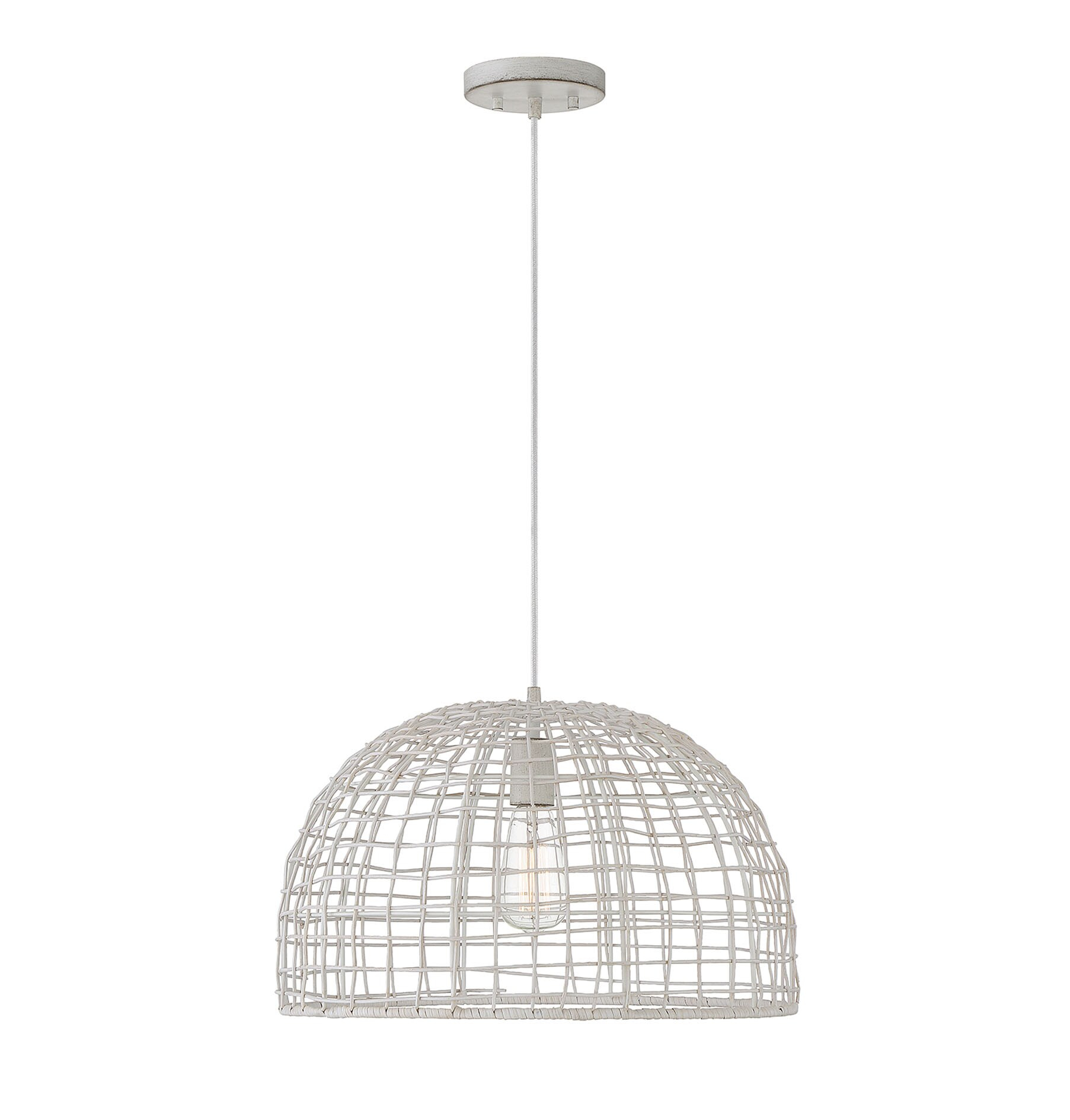White Rattan Bohemian Bowl Pendant Light, 12" x 18"