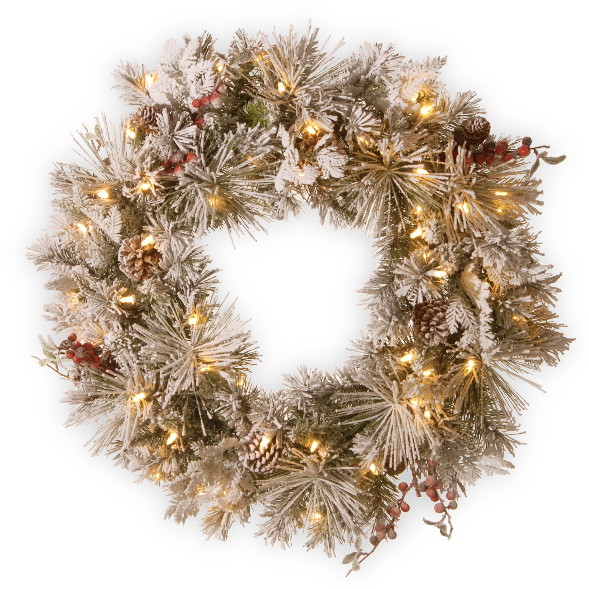 Elegant Snowy Pinecone and Berry Winter Wreath with Warm LED Lights