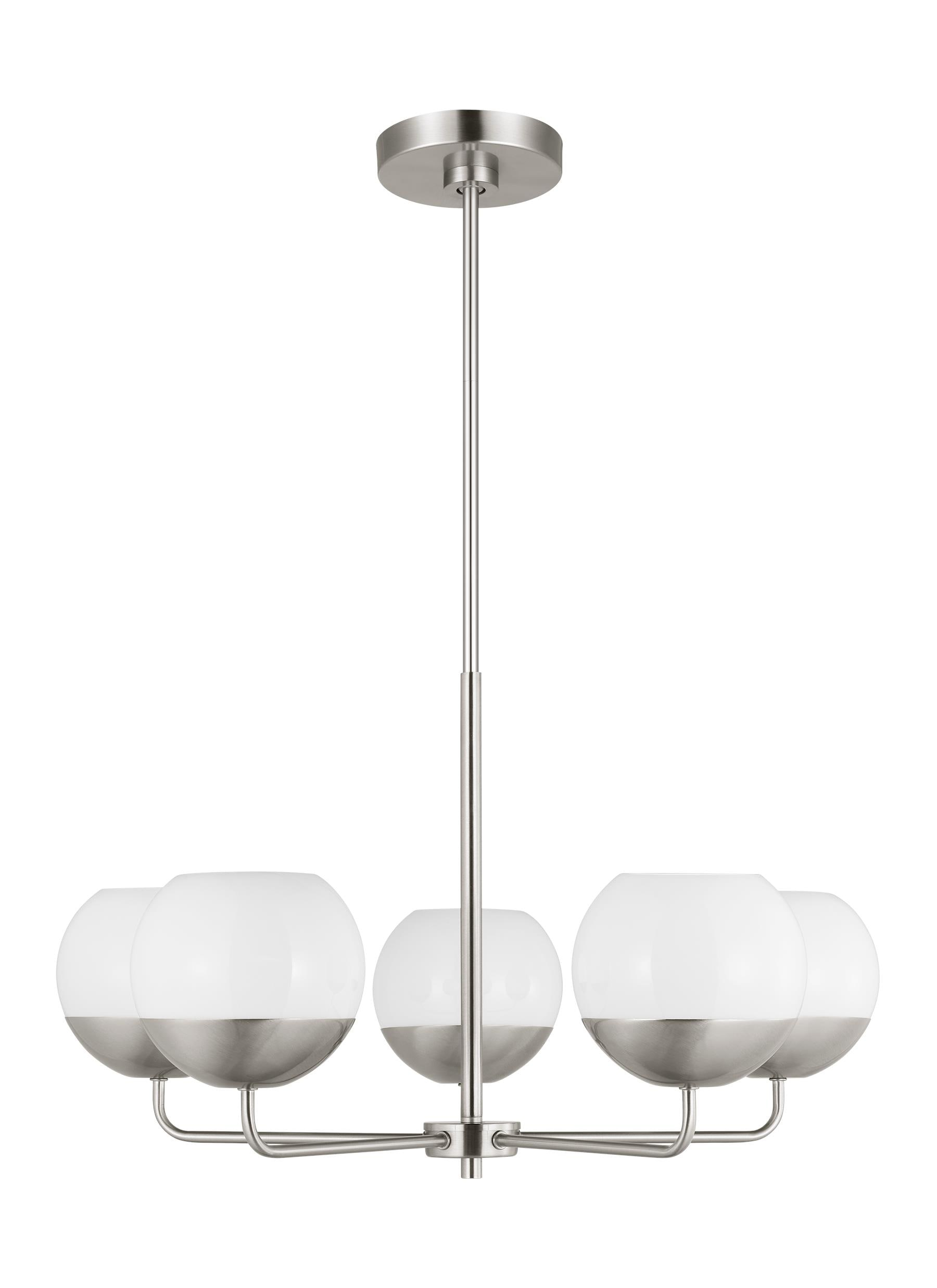 Alvin Midcentury 5-Light LED Chandelier in Brushed Nickel with Milk Glass Shades