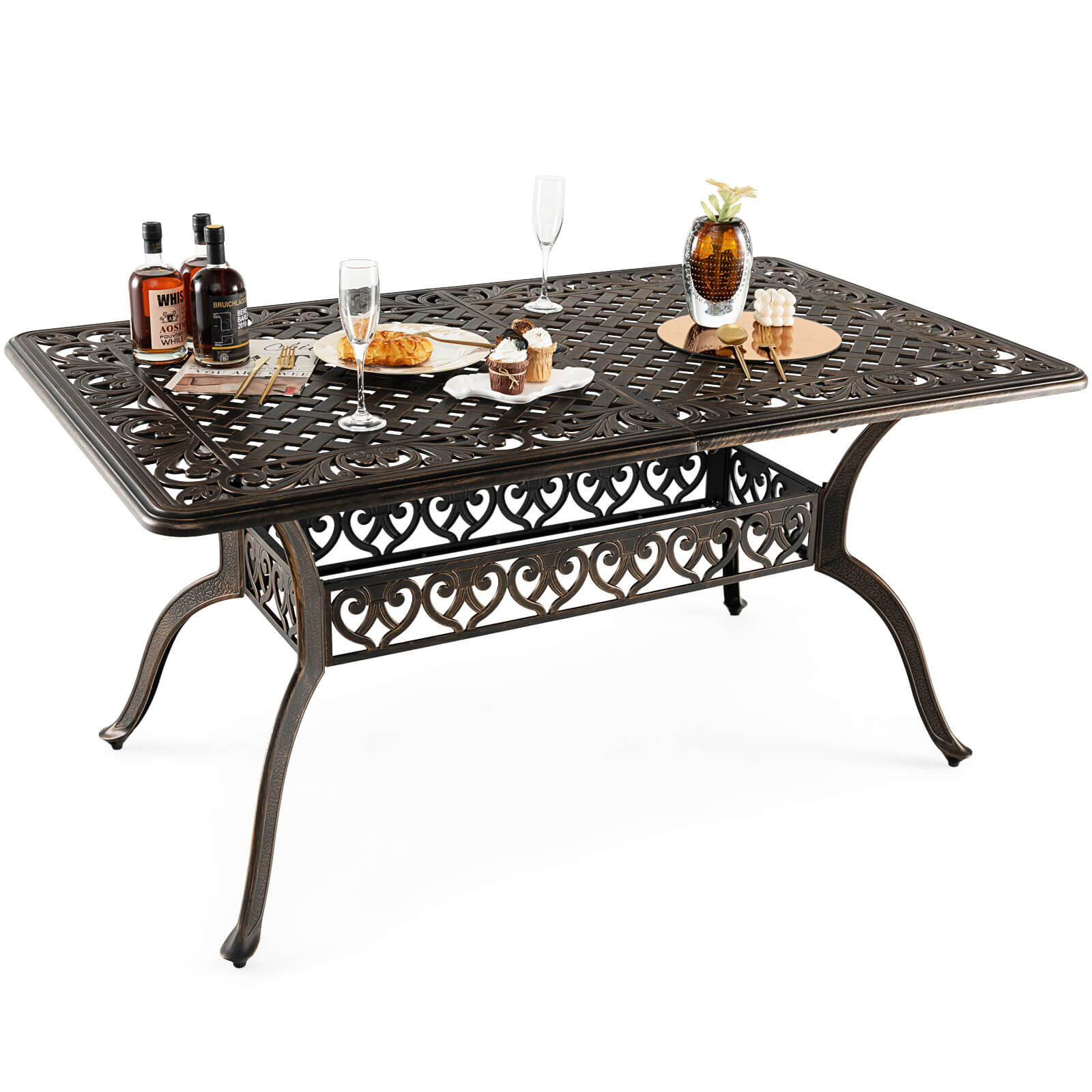 Outvita 59inch Patio Dinning Table, Outdoor Cast Aluminum Large Rectangle Table with Umbrella Hole and Antique Design for Backyard Pool Balcony Deck