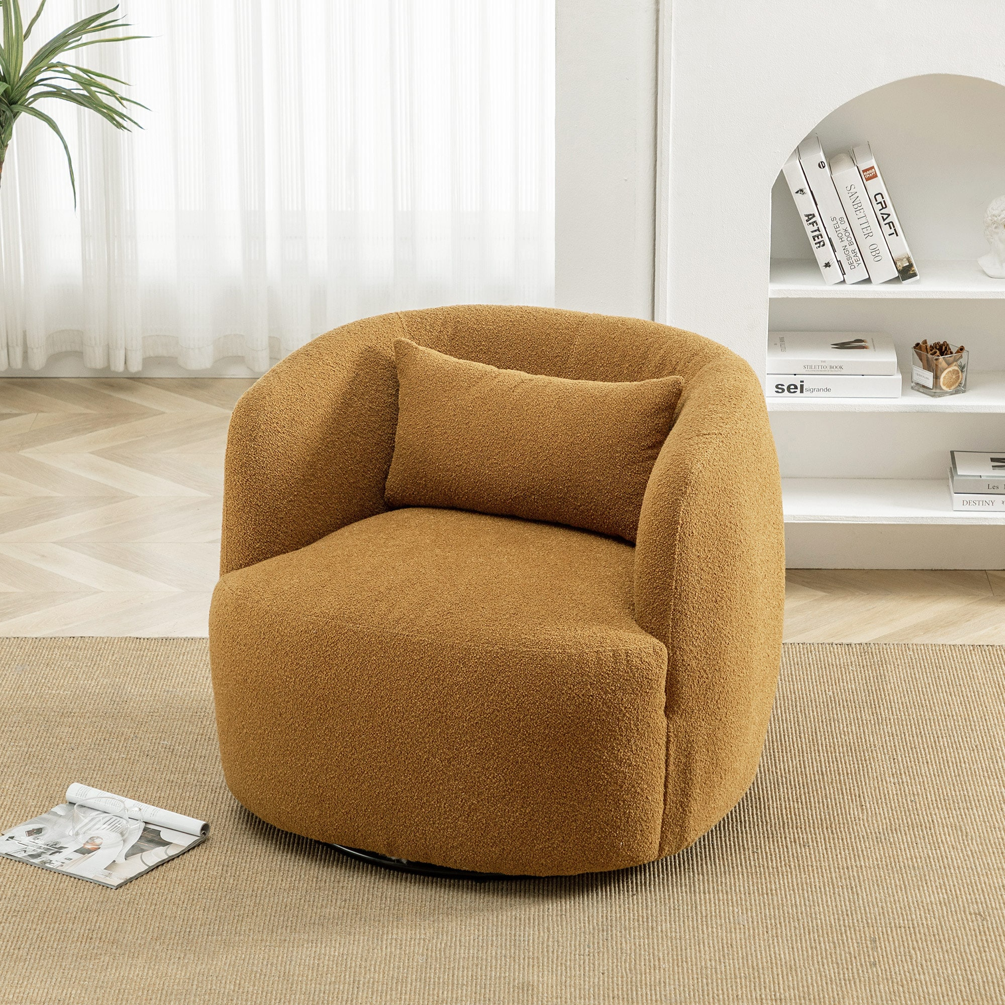 34" Wide Boucle Swivel Barrel Chair, No Assembly Round Upholstered Armchair Accent Chair Single Sofa Chair with Toss Pillow for Living Room and Bedroom, Brown