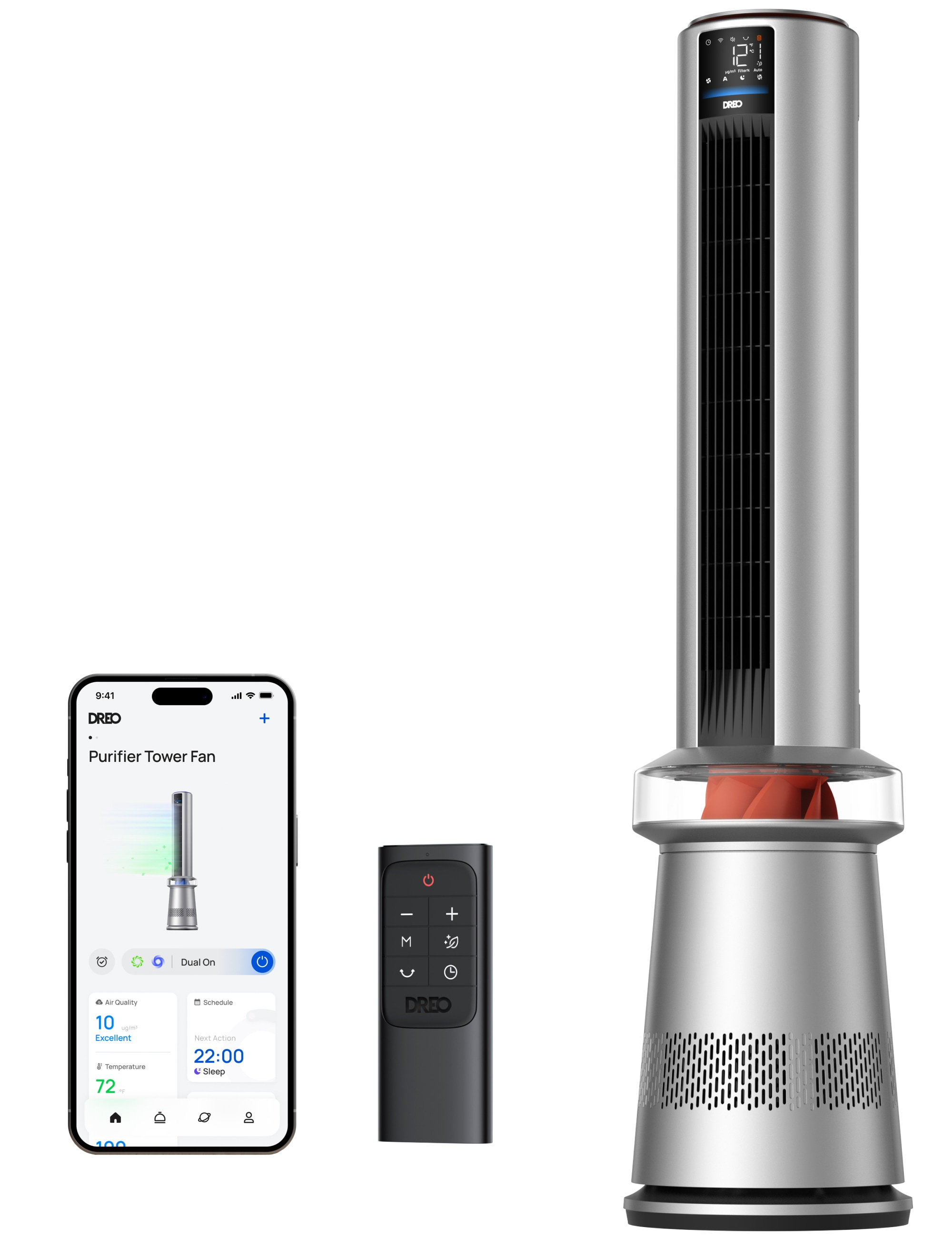 Air Purifier Tower Fan, 45 in. 2-in-1 Smart Fan, 27ft/s Velocity, 120°Oscillation, 24 H Timer, 25dB Low Noise, Silver