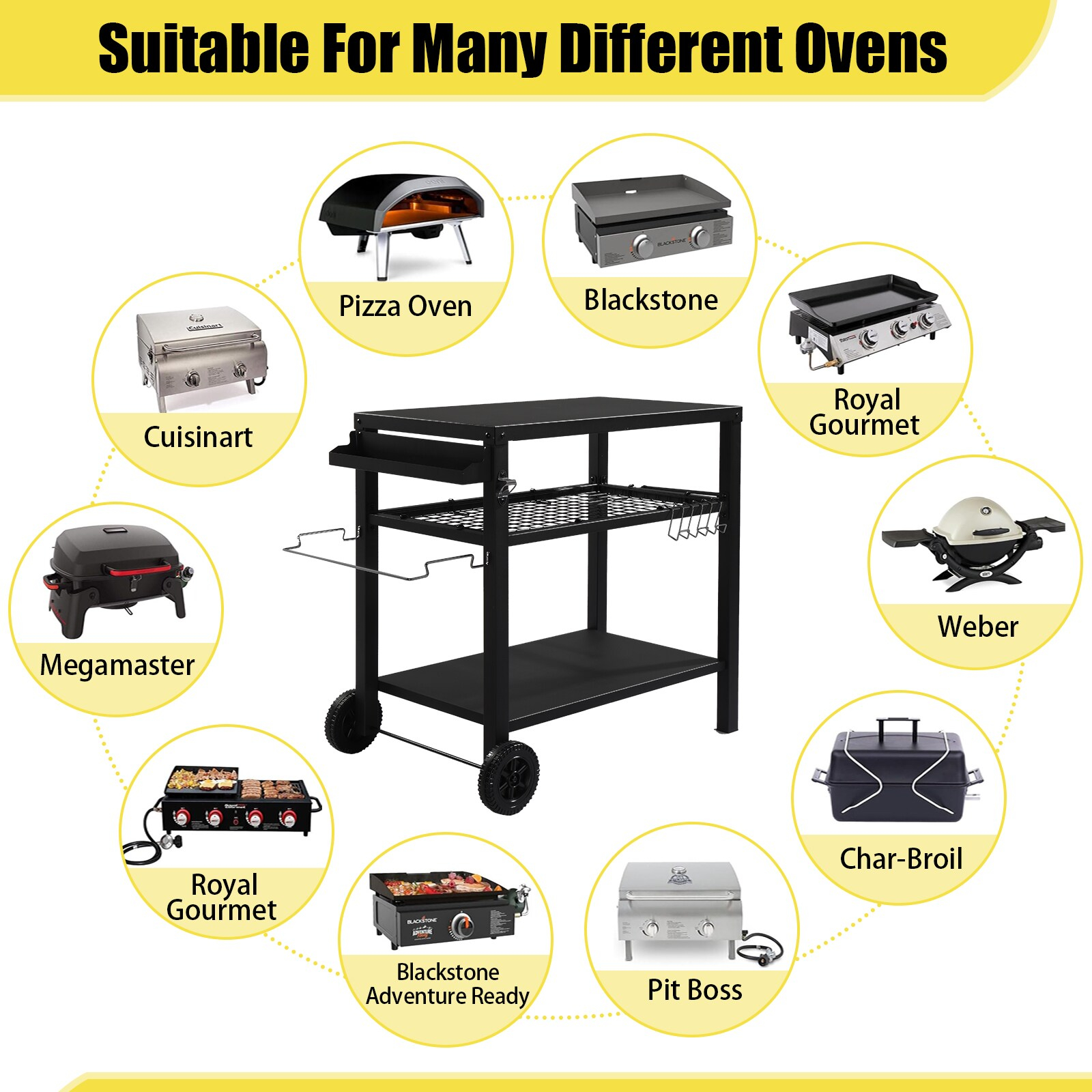 Ktaxon Grill Cart Grill Table Movable Dining Cart Preparation Work Table w/ Wheels & Hooks, Black