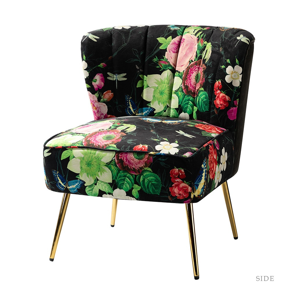 Floral Accent Chair Upholstered Wingback Sofa Tufted Back Golden Legs Flower Butterfly  Dining Home Living Room Bedroom Black