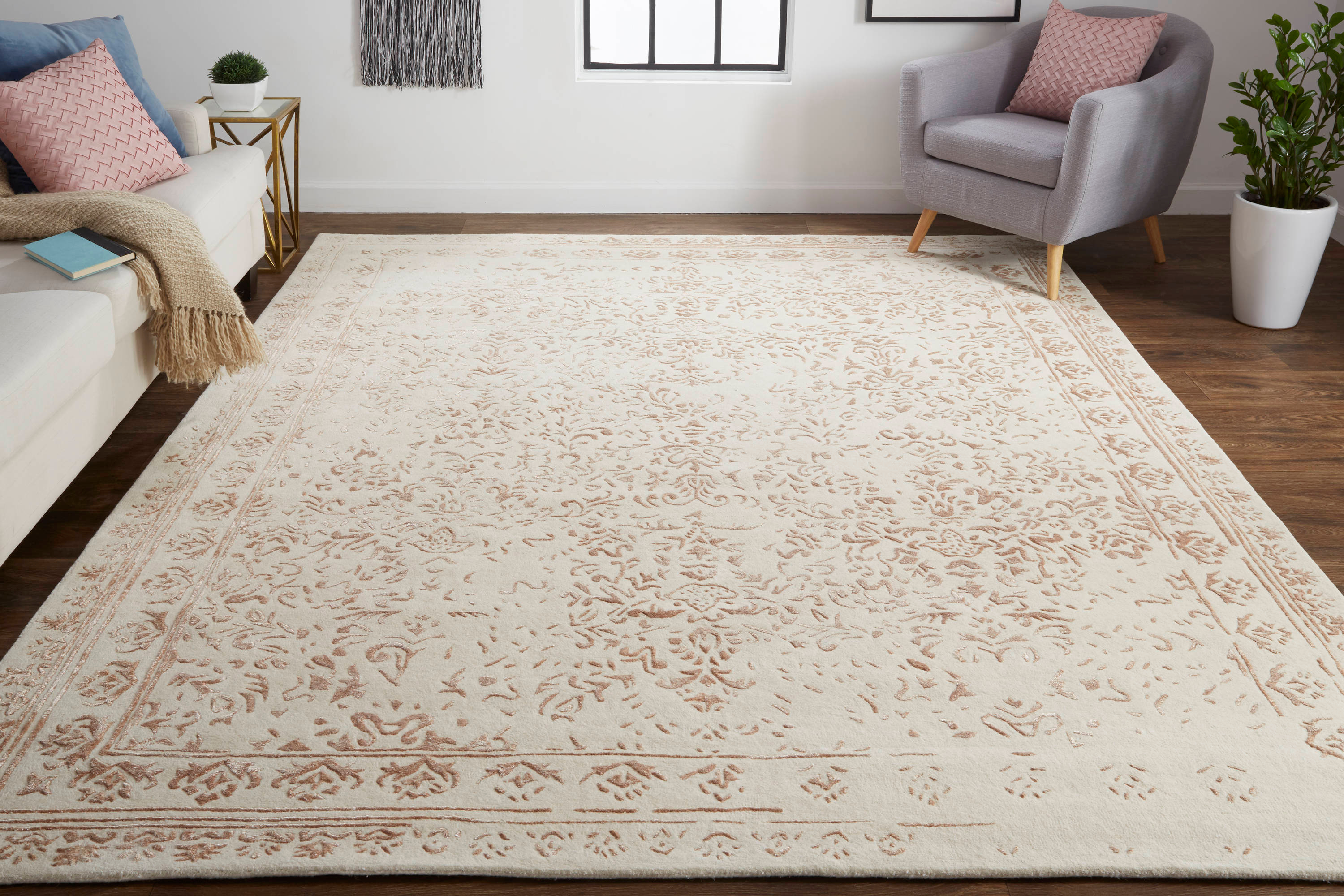 Feizy Bella Transitional Oriental, Ivory/Tan/Pink, 2' x 3' Accent Rug Handmade Sheen Bohemian & Eclectic Bordered Design Carpet for Living Dining Bed Room