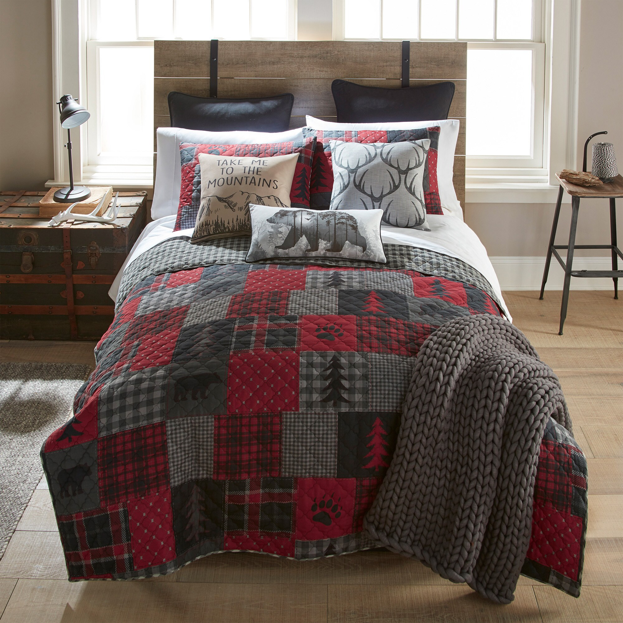 Red and Gray Reversible Twin Microfiber Quilt Set