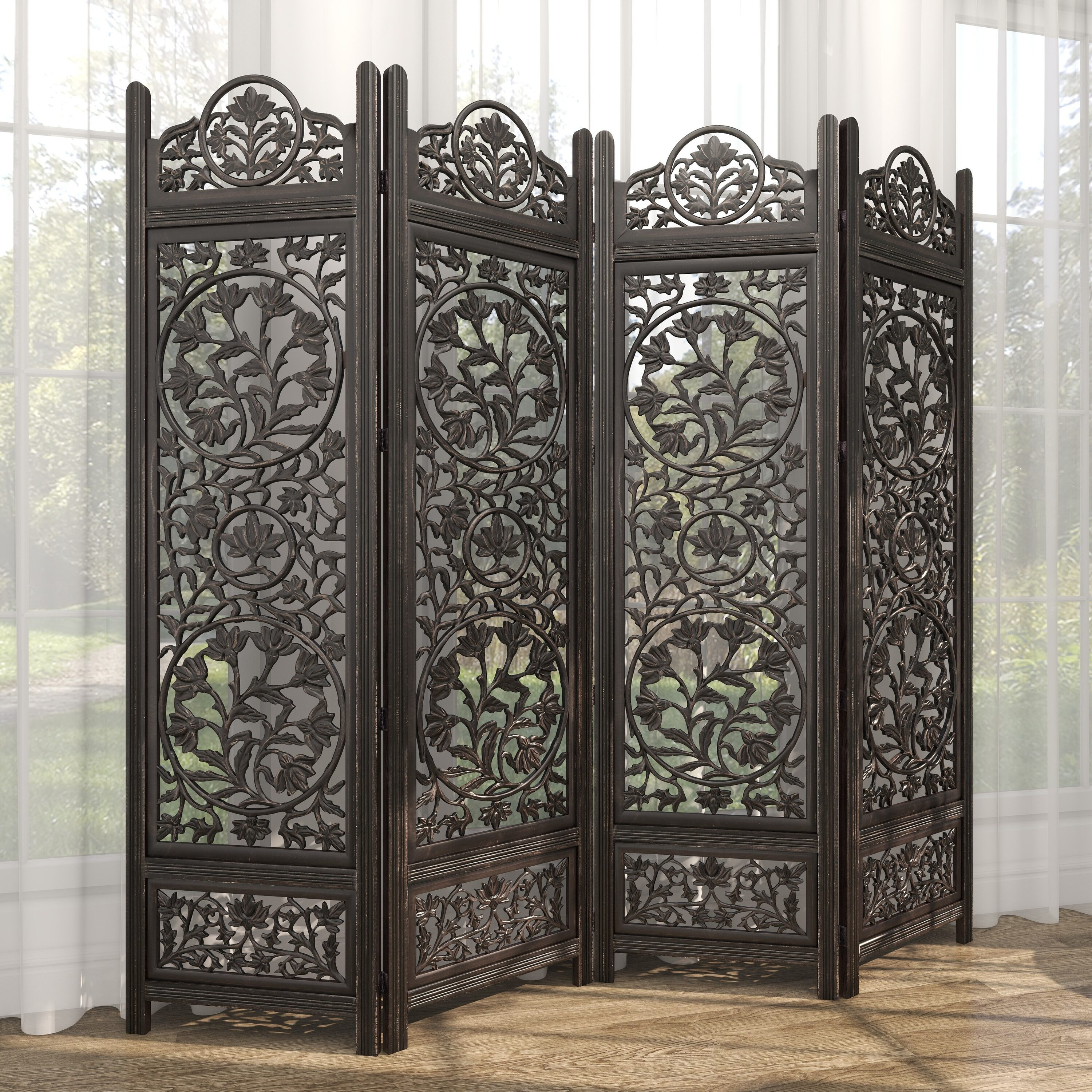 DecMode 80" x 72" Black Wood Floral Handmade Hinged Foldable Partition 4 Panel Room Divider Screen with Intricately Carved Designs, 1-Piece