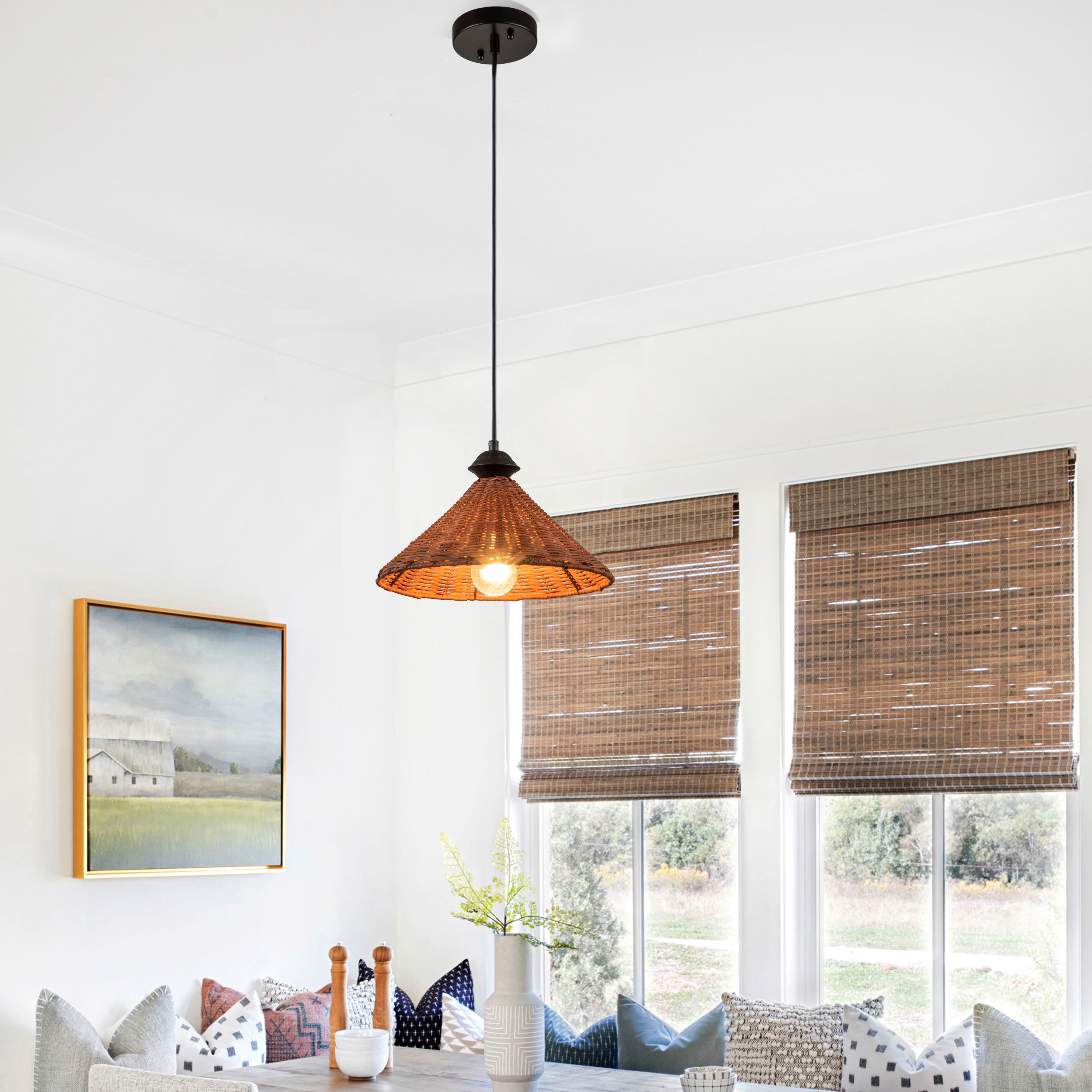 C Cattleya 1-Light Black Finish Naturan Rattan Dome Hanging Pendant Light