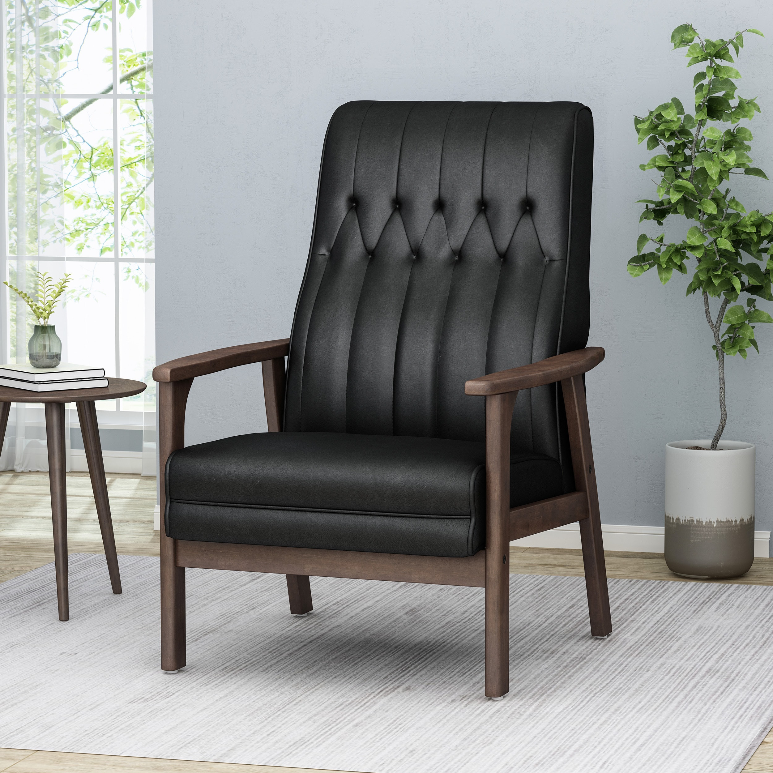 Katharine Mid-Century Modern Accent Chair, Matte Black and Walnut