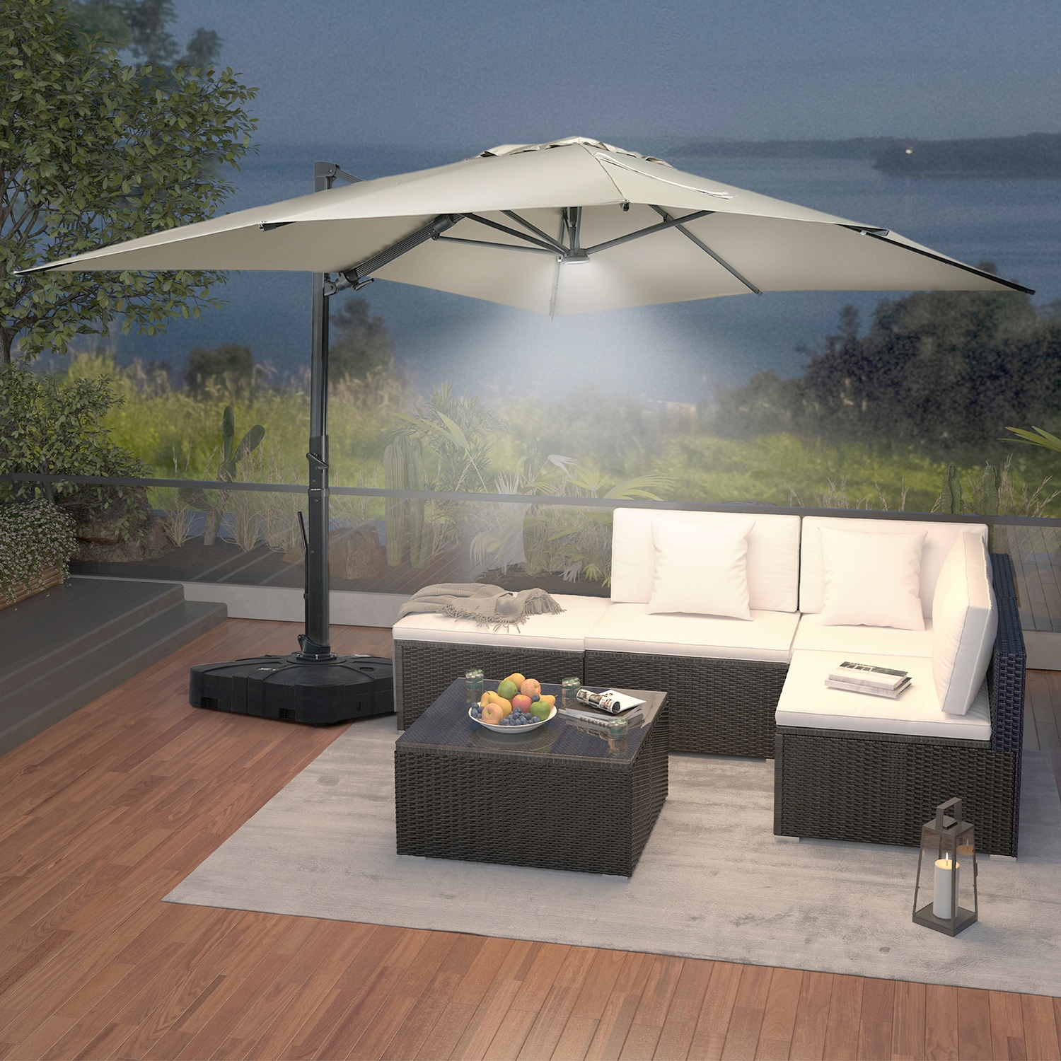 Mondawe 10x13 FT Cantilever Umbrella Large Offset Umbrella with 360°Rotation and LED Light Panel Cantilever Patio Umbrella for Backyard, Pool & Garden, Tan