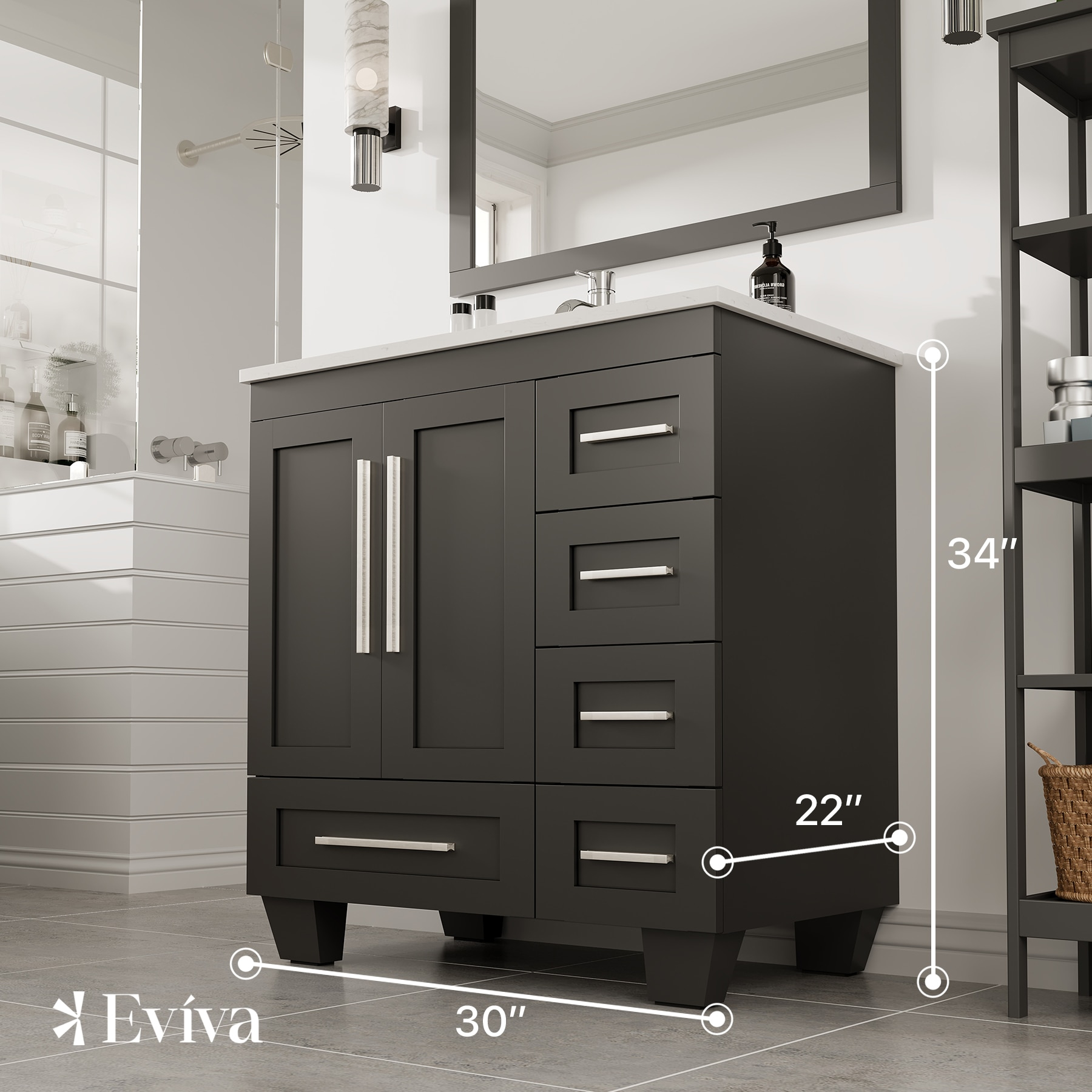 Eviva Loon 30"W x 22"D Espresso Bathroom Vanity with White Carrara Quartz Vanity Top and Rectangular Undermount Sink