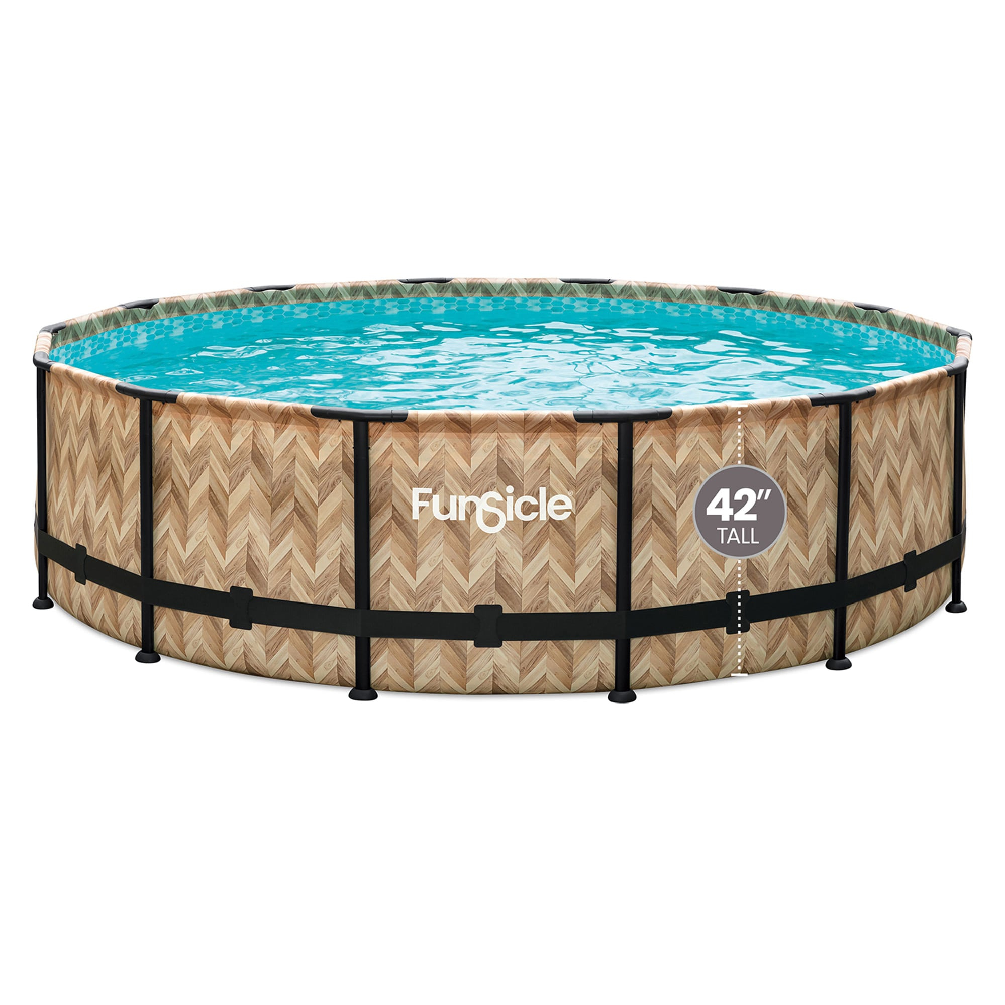 Funsicle 14ft x 42in Round Oasis Designer Above Ground Pool, Oak Herringbone with SkimmerPlus Filter Pump, Age 6 & up