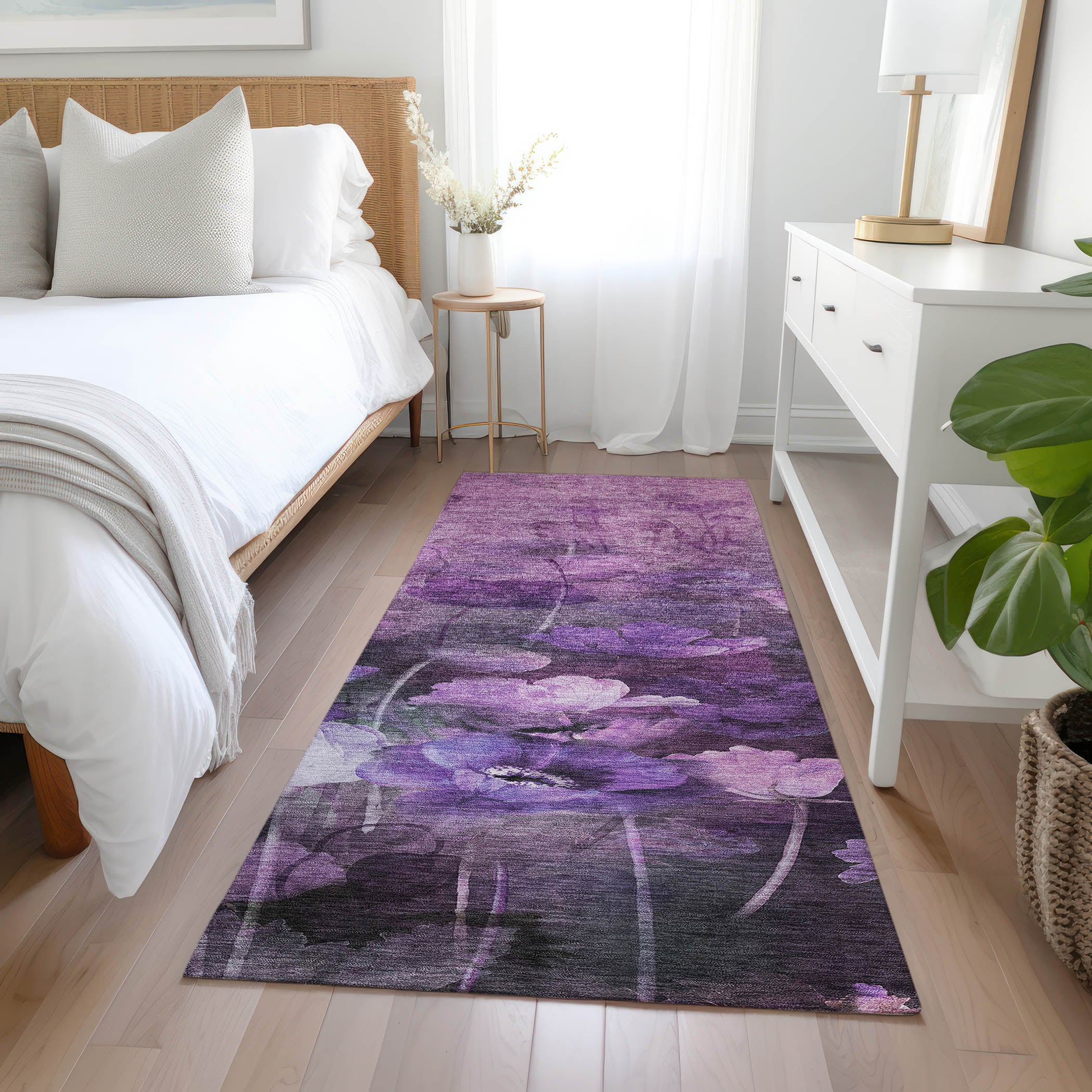 Addison Purple Floral Machine-Washable Runner Rug with Non-Slip Backing