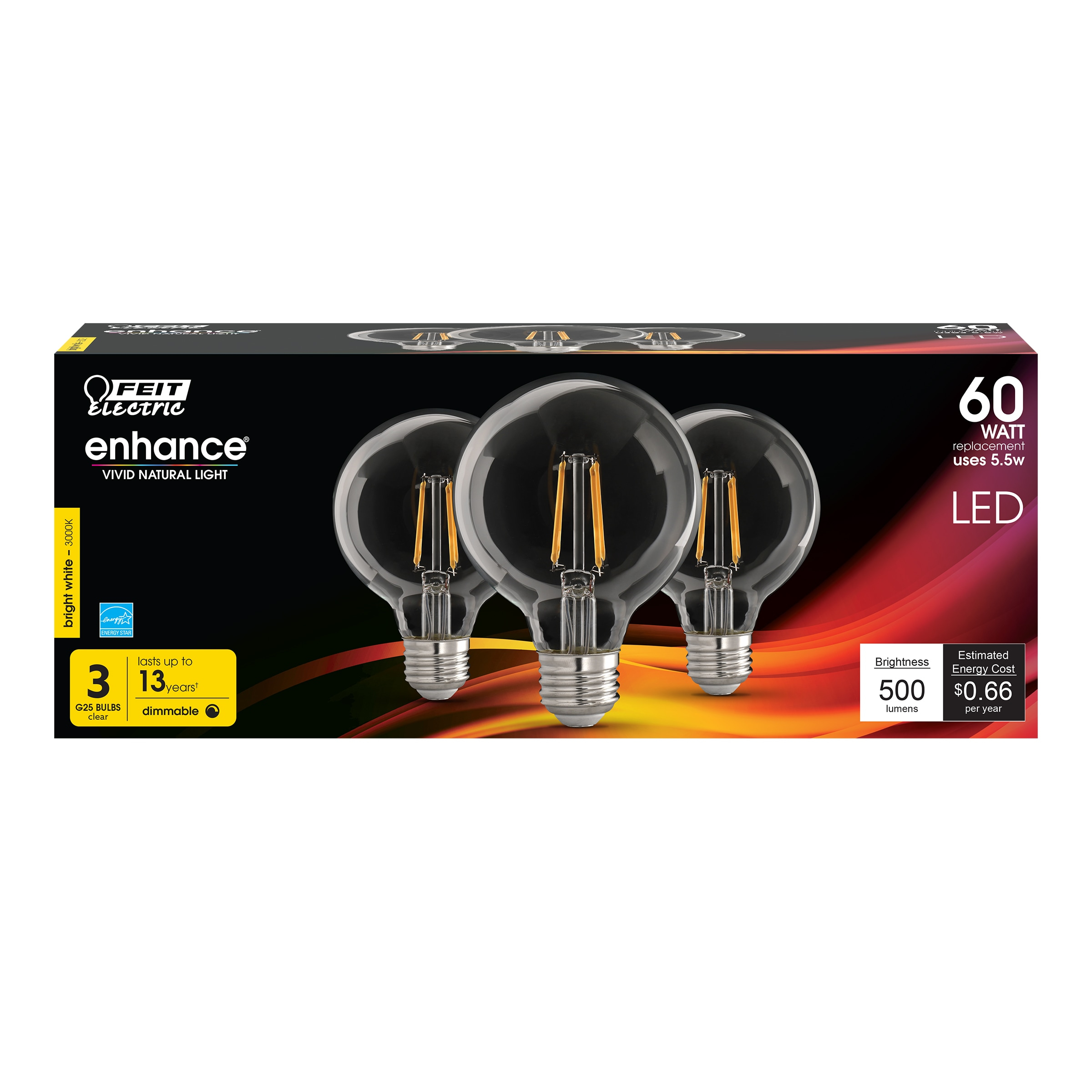 Feit Electric Clear Glass Globe LED Bulbs, Pack of 3
