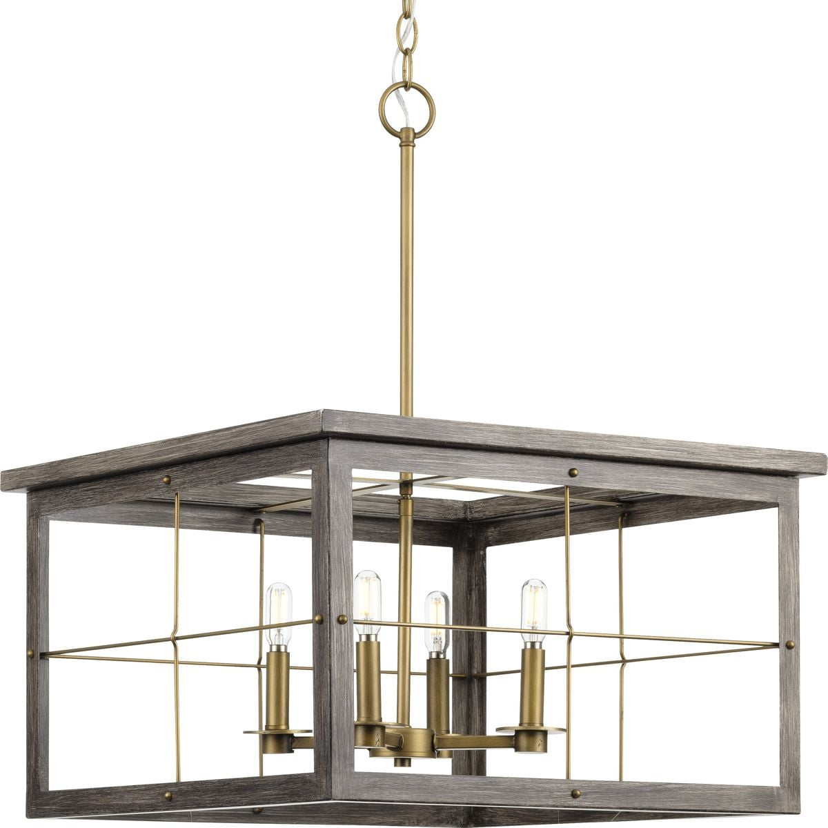 Progress Lighting, Hedgerow Collection, 4-Light Chandelier, Distressed Brass, Windowpane Design