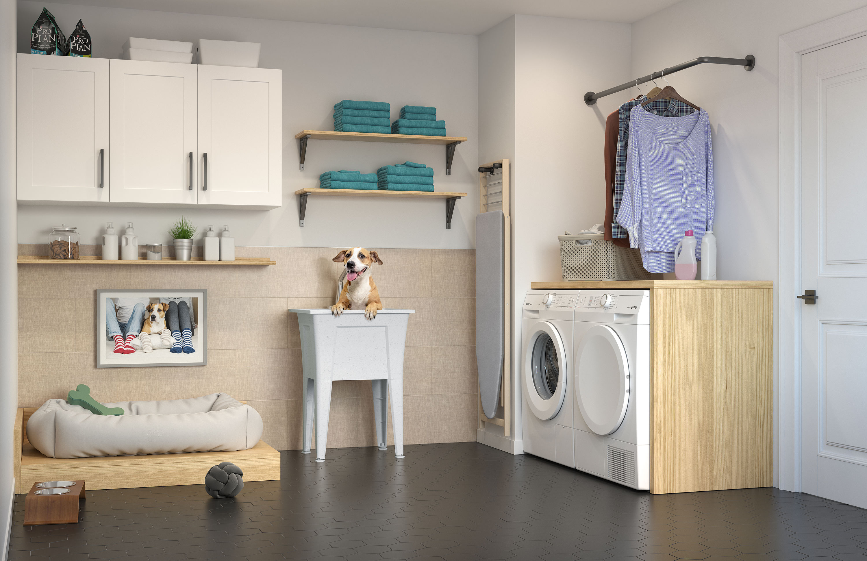 White Stone Freestanding Laundry Sink with Chrome Faucet