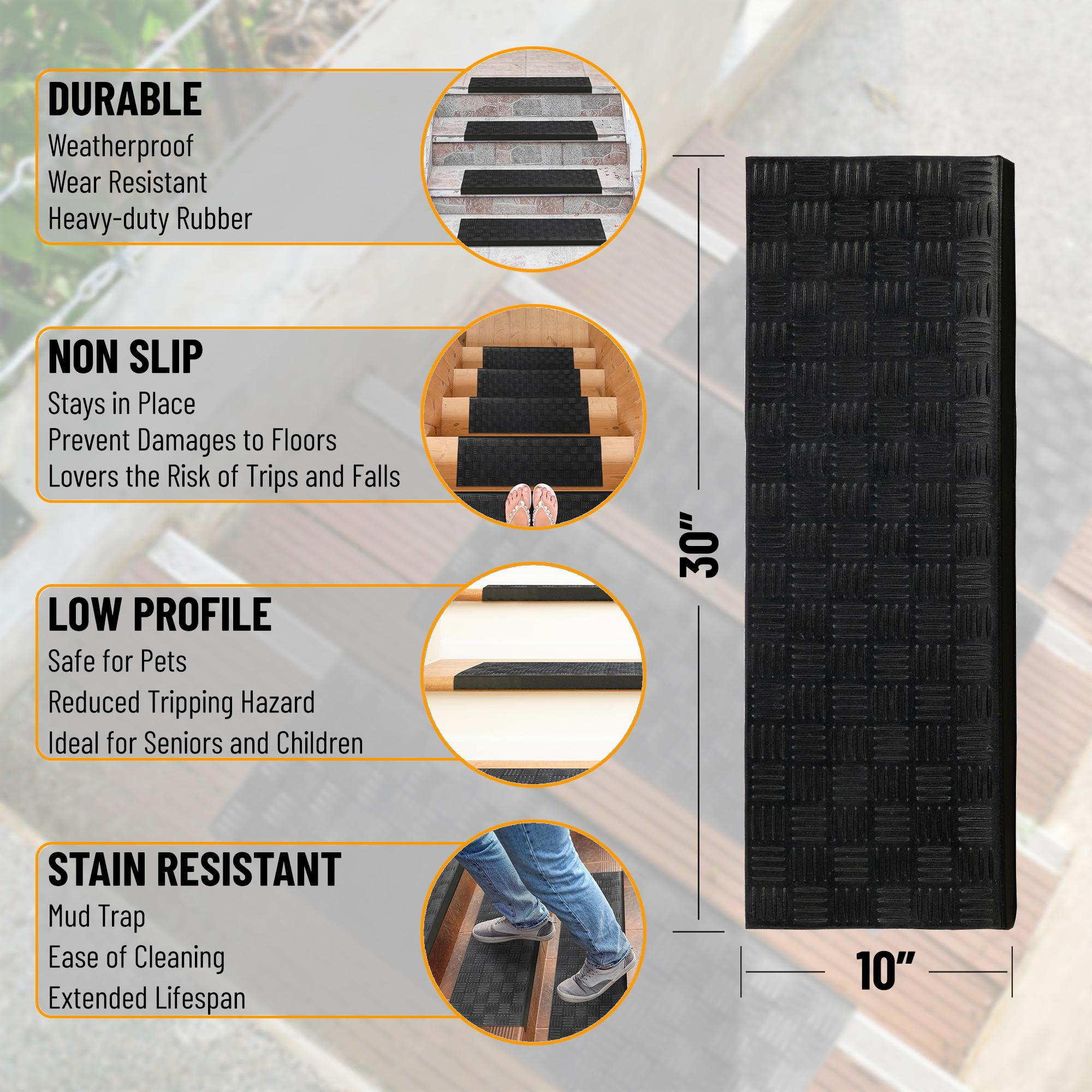 Ottomanson Easy Clean Waterproof Non-Slip 10" x 30" Indoor Outdoor Rubber Stair Treads, 5 Pack, Black
