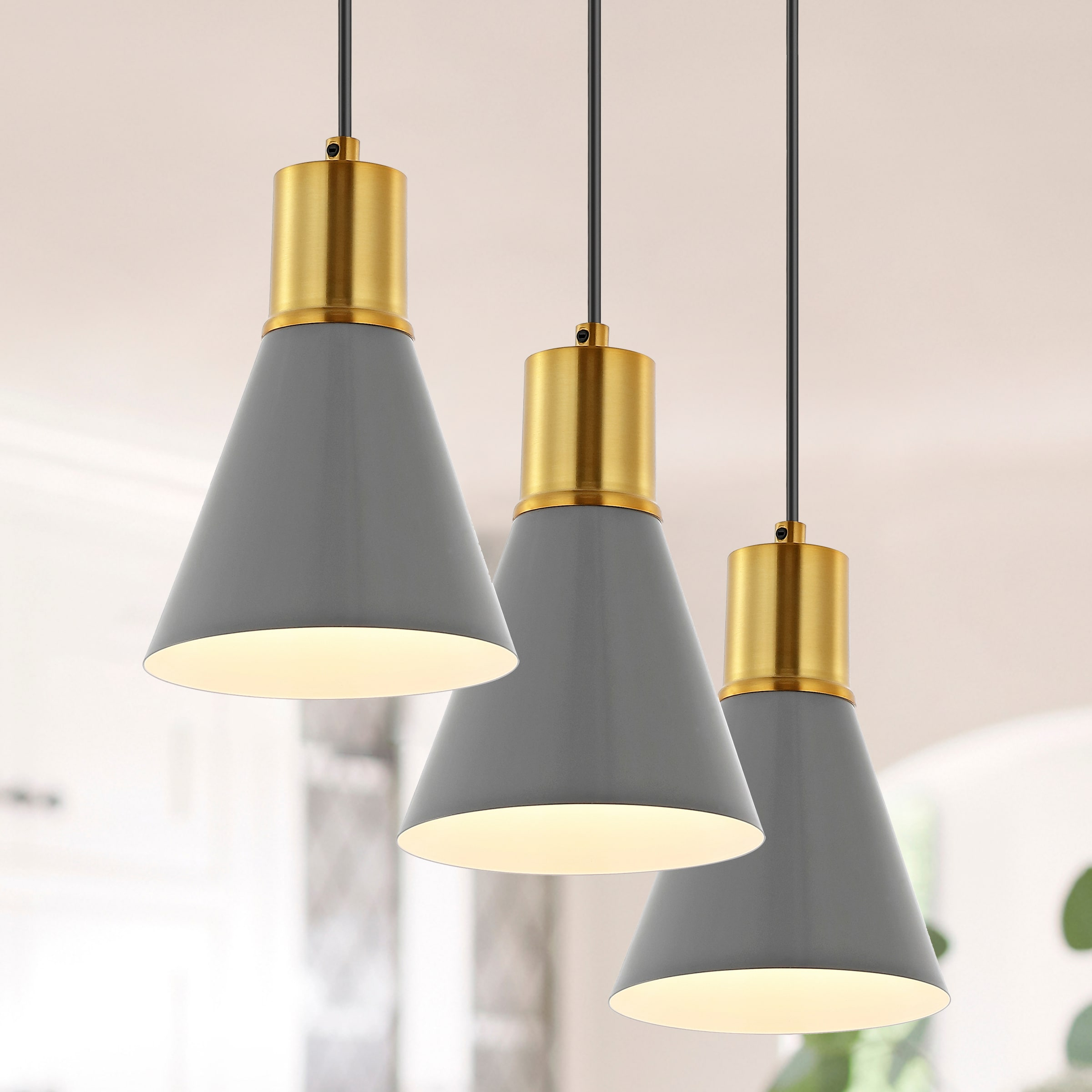 Apollo 33.5" 3-Light Mid-Century Modern Iron Adjustable Linear LED Pendant, Gray/Brass Gold