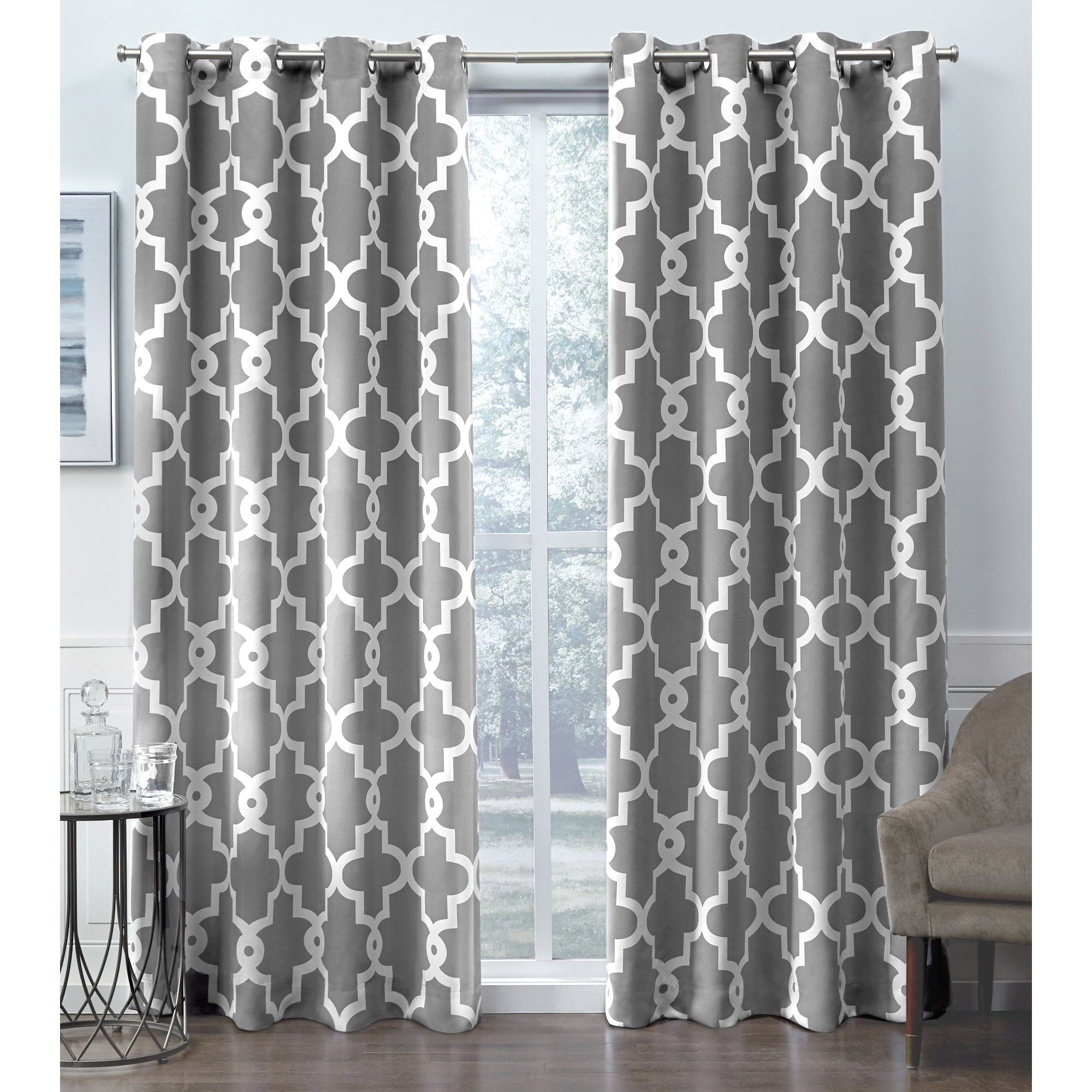 TOWN & COUNTRY EVERYDAY Ironwork Geo Trellis Sateen Indoor Curtains, Room Darkening Blackout, Grommet Top, Energy Efficient, 2-Pack Set, 52"x108", Black Pearl