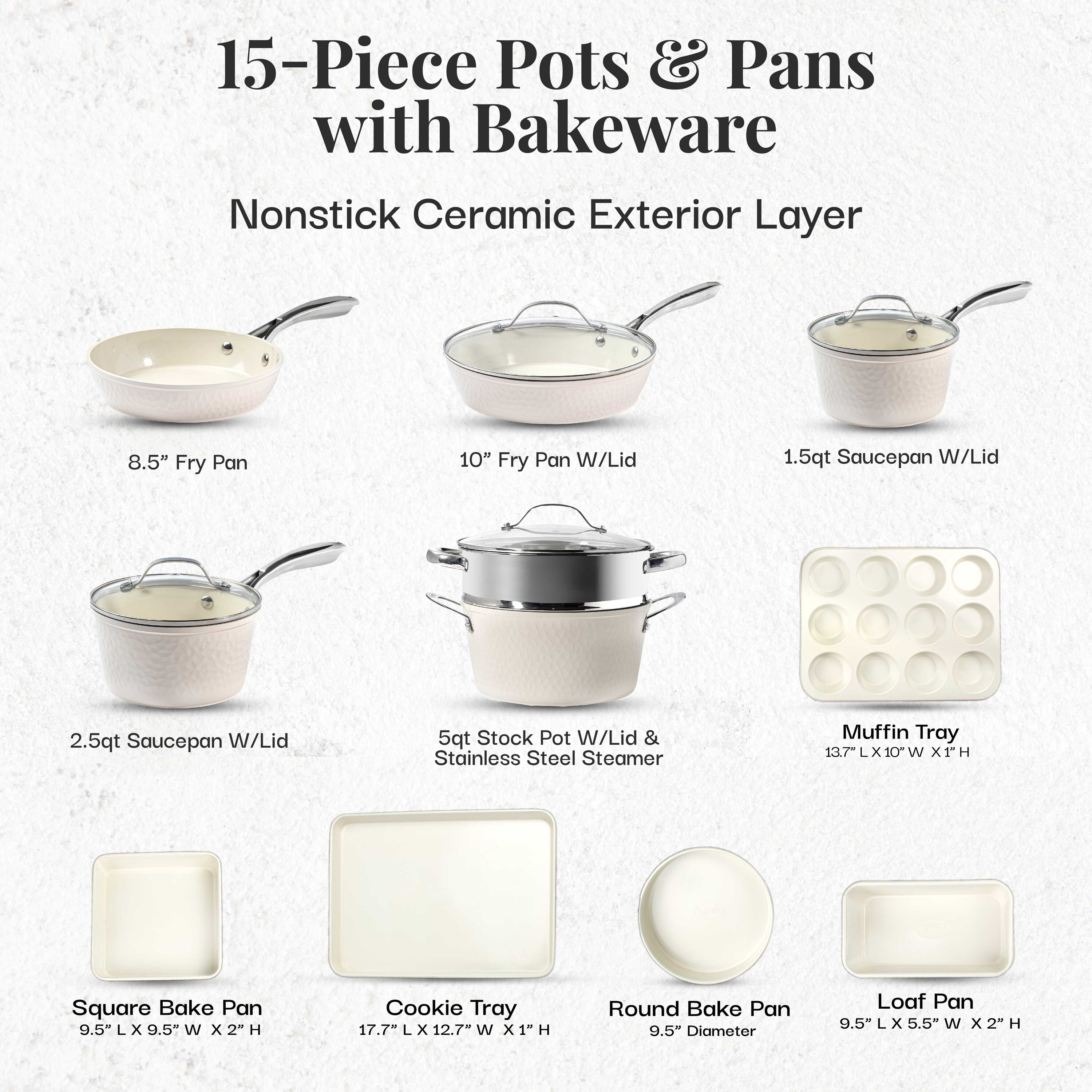 Gotham Steel Nonstick Pots and Pans 15 Piece Set Ceramic Cookware Kitchen Set Hammered Includes Frying Skillet, Cream