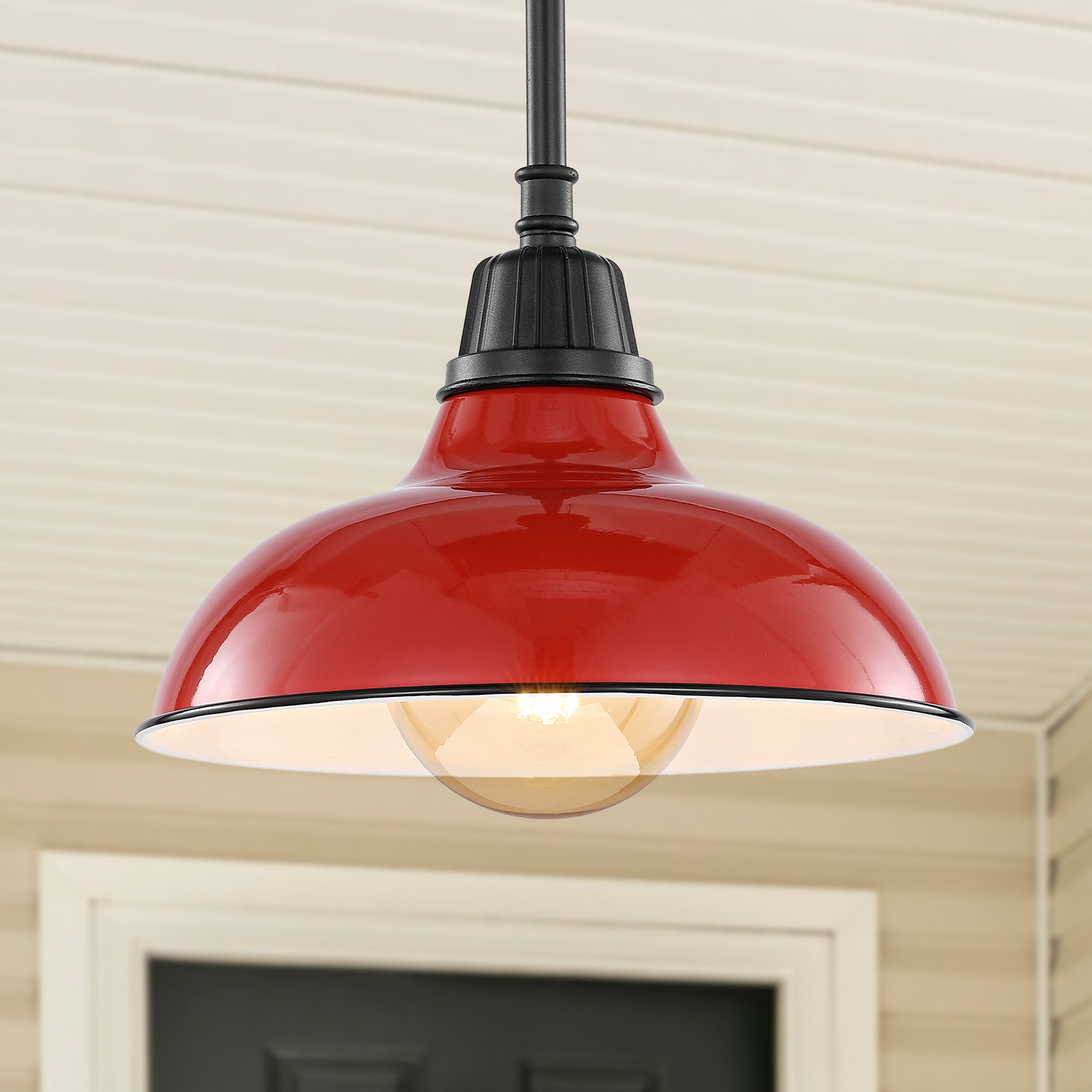 Jasper 12.25" 1-Light Farmhouse Industrial Indoor/Outdoor Iron LED Pendant, Red