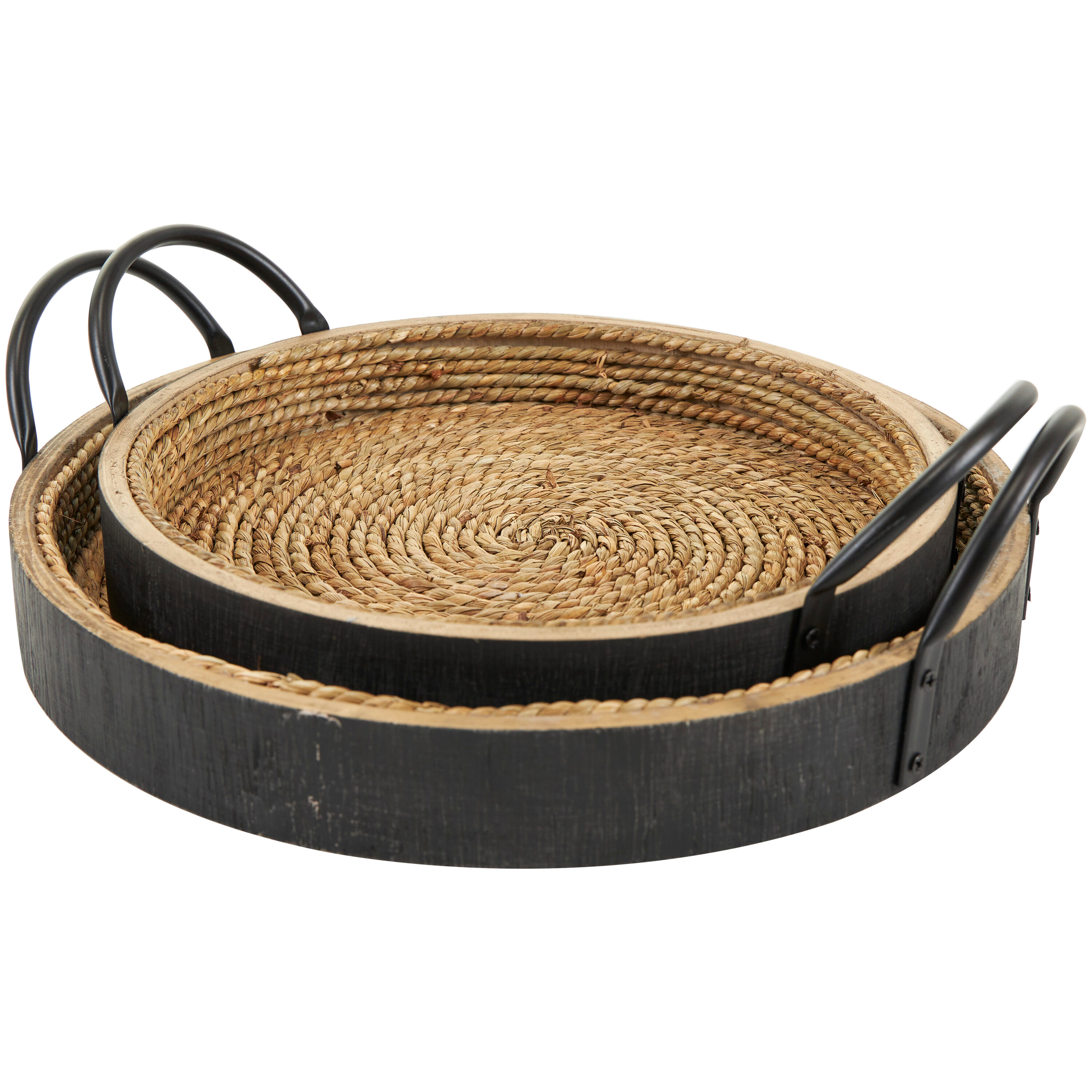 Set of 2 Round Black and Natural Wood Decorative Trays