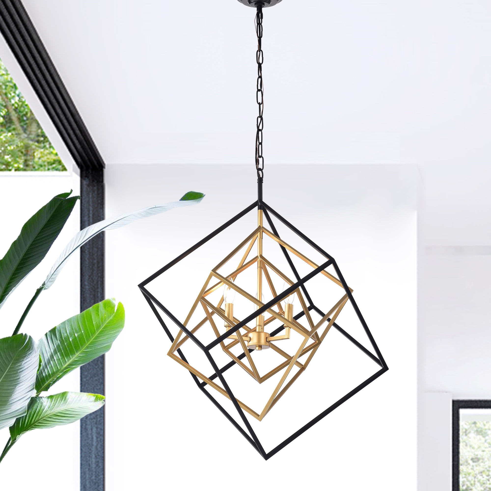 HM092-3B 25.6 in. Triplix 3-Light Geometric Chandelier, Gold & Matte Black