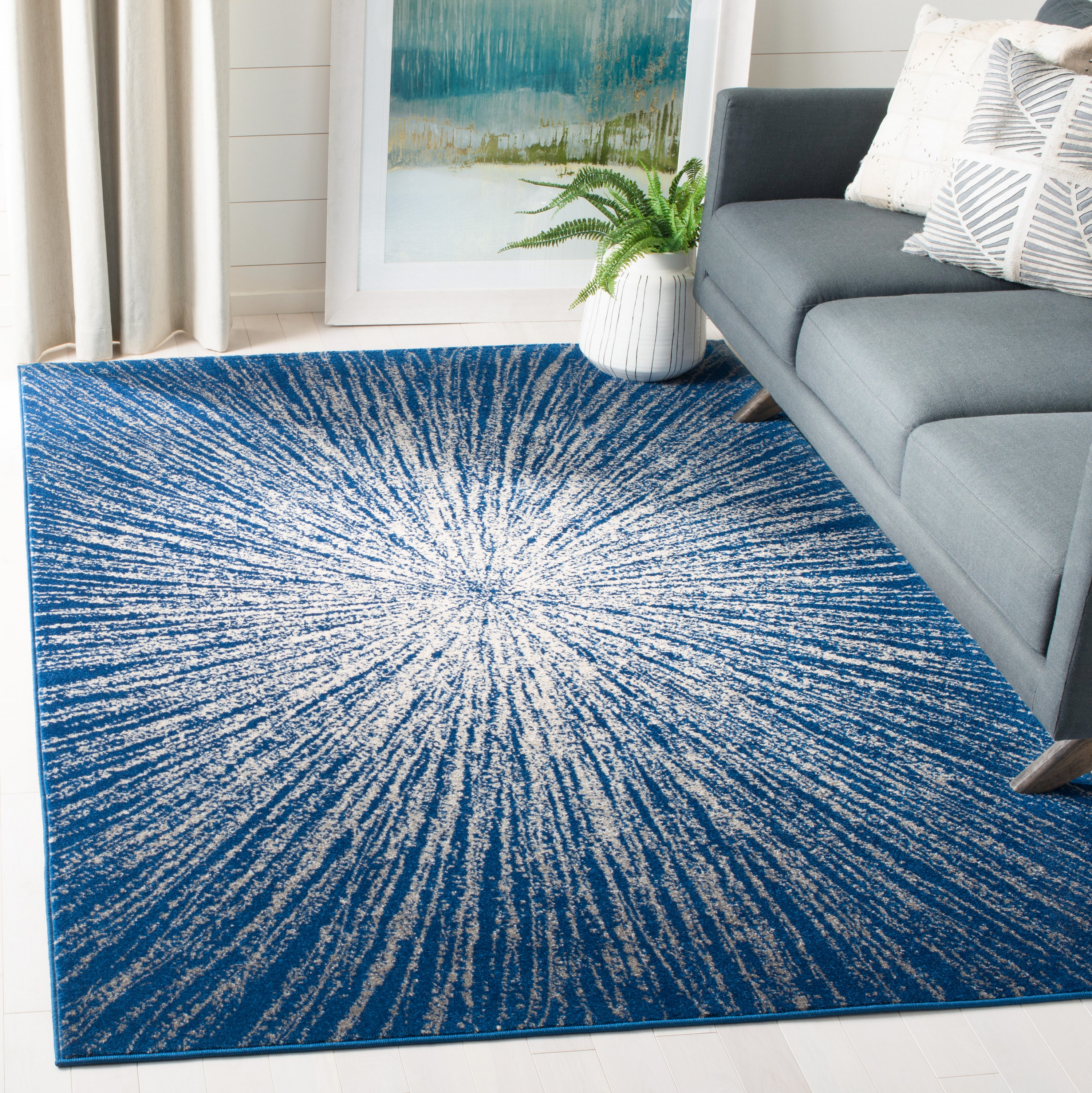 SAFAVIEH Evoke Vana Abstract Sunburst Area Rug, Navy/Ivory, 6'7" x 6'7" Square